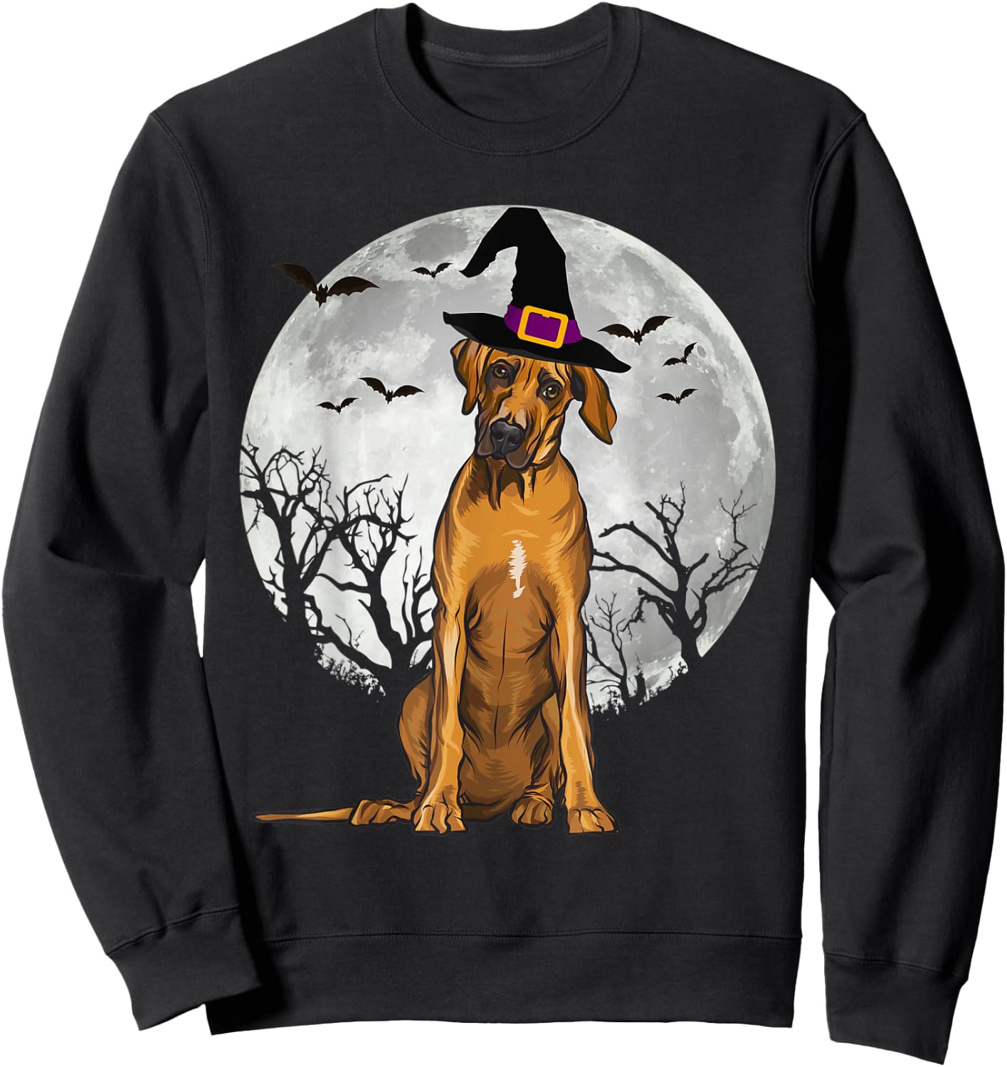 Scary Rhodesian Ridgeback Dog Witch Hat Halloween Women Sweatshirt - Sweatshirt | Black
