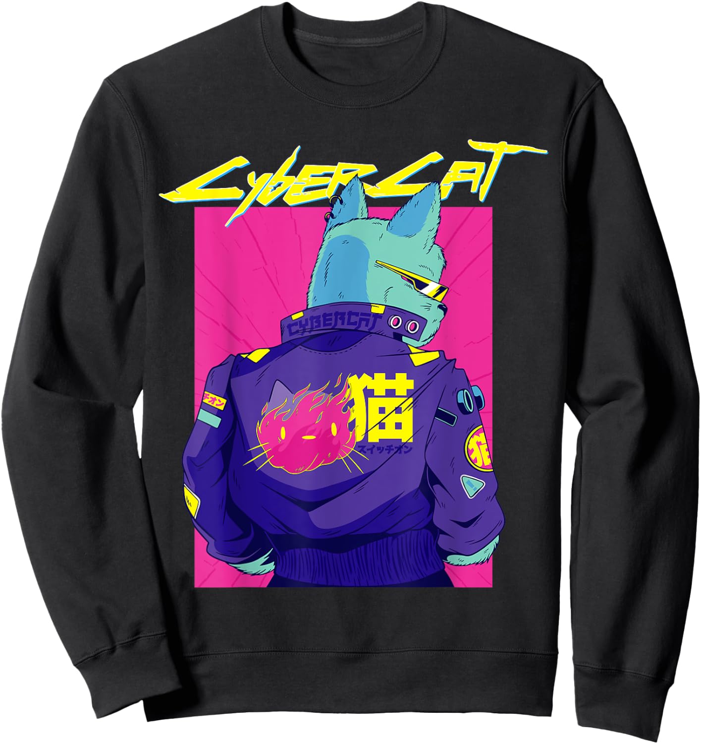Cyberpunk Pun Cat cybercat Japanese Character cyberpunker Sweatshirt - Sweatshirt | Black