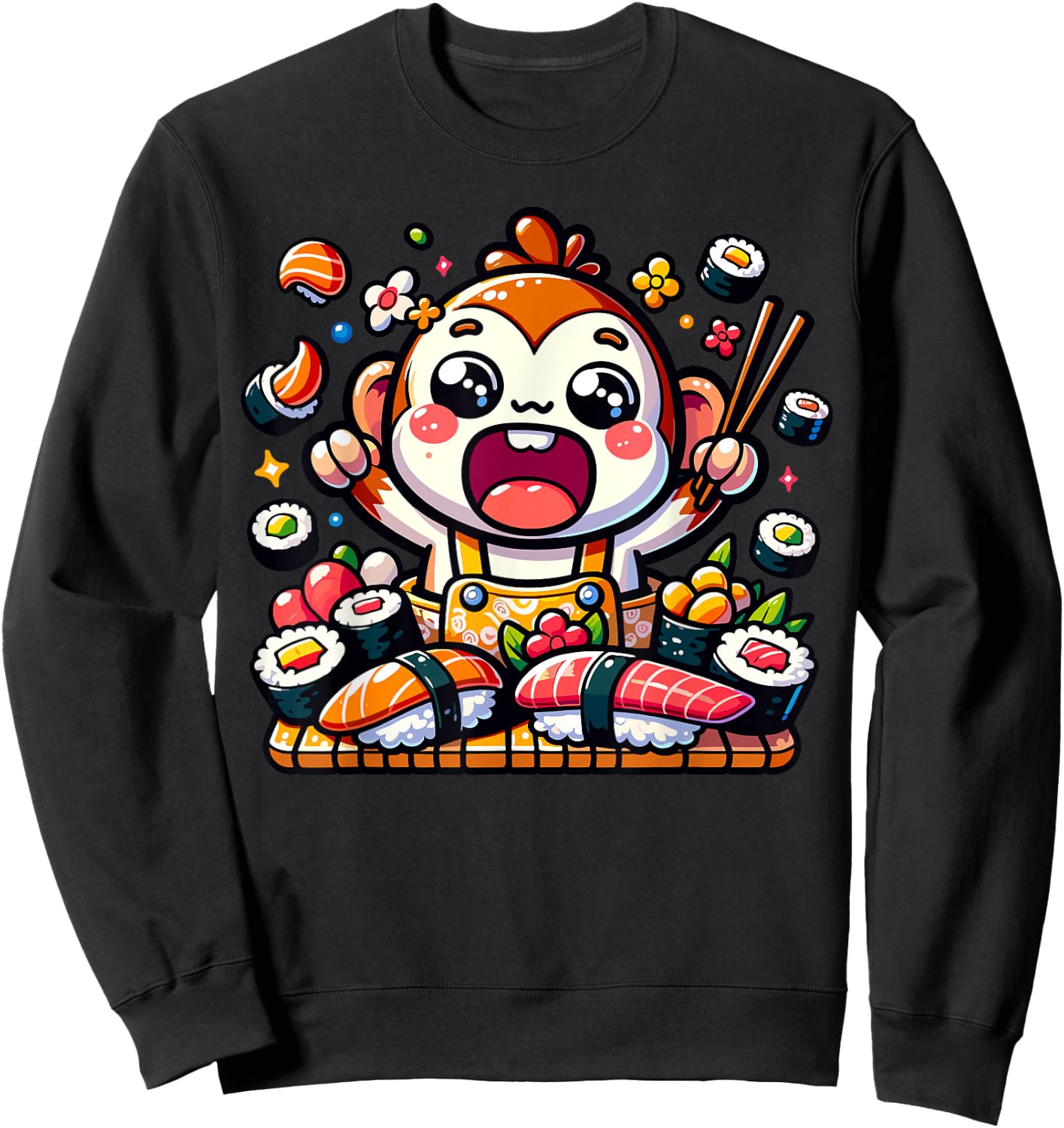 Hungry Kawaii Monkey Eating Sushi Japanese Food Sweatshirt - Sweatshirt | Black