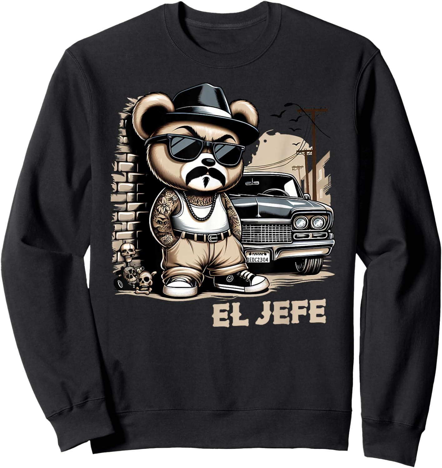 EL JEFE Hip Hop Teddy Bear Lowrider Shirt Chicano Cholo Sweatshirt - Sweatshirt | Black
