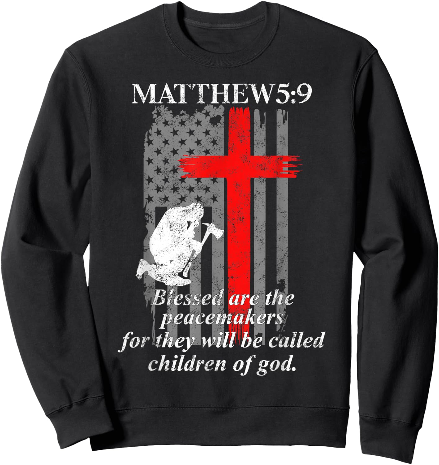 Thin Red Line Fireman Cross Bible Verse Firefighter USA Flag Sweatshirt - Sweatshirt | Black
