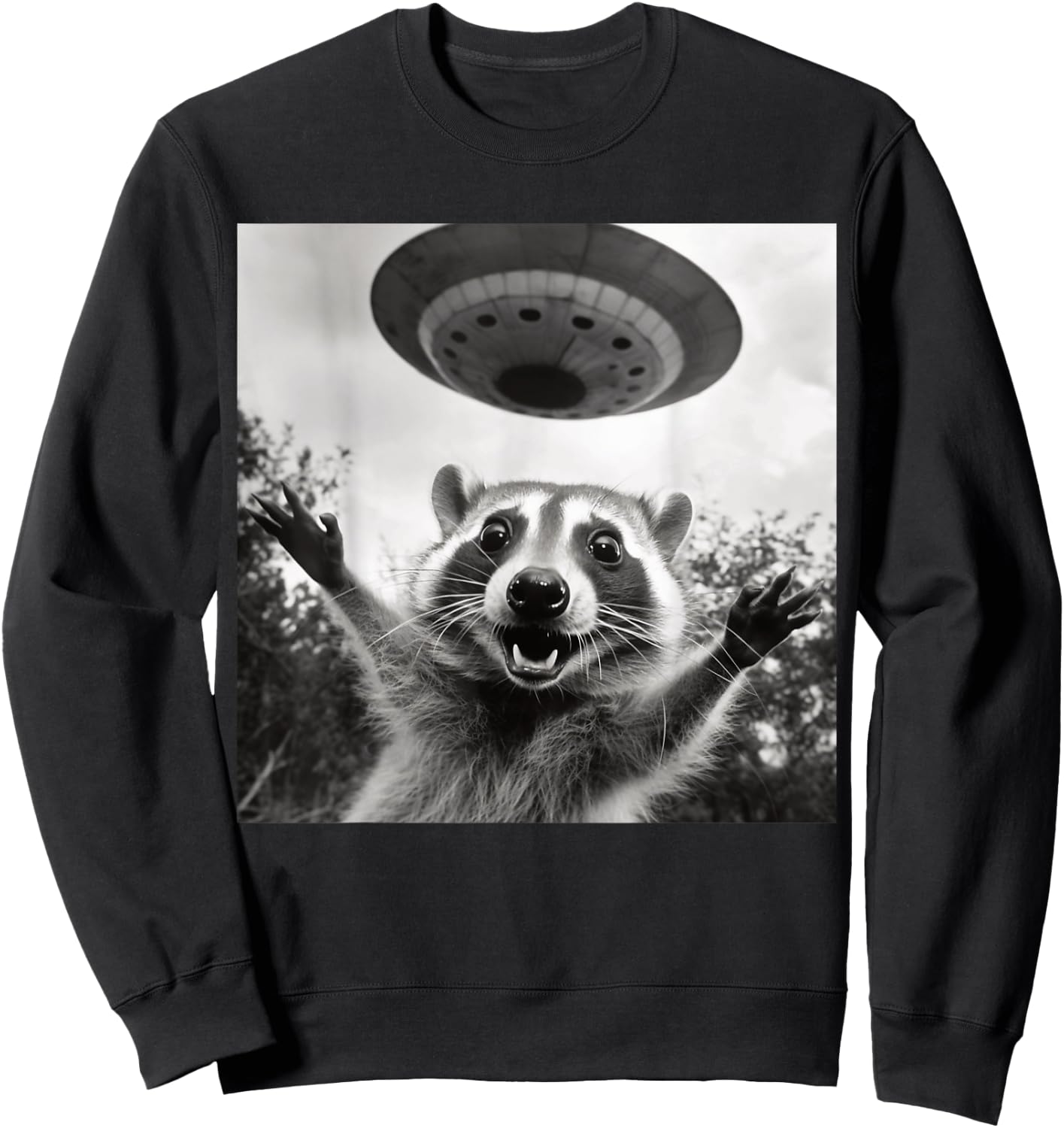 Funny Raccoon UFO Alien Selfie Photo Of Raccoon With UFO Sweatshirt - Sweatshirt | Black