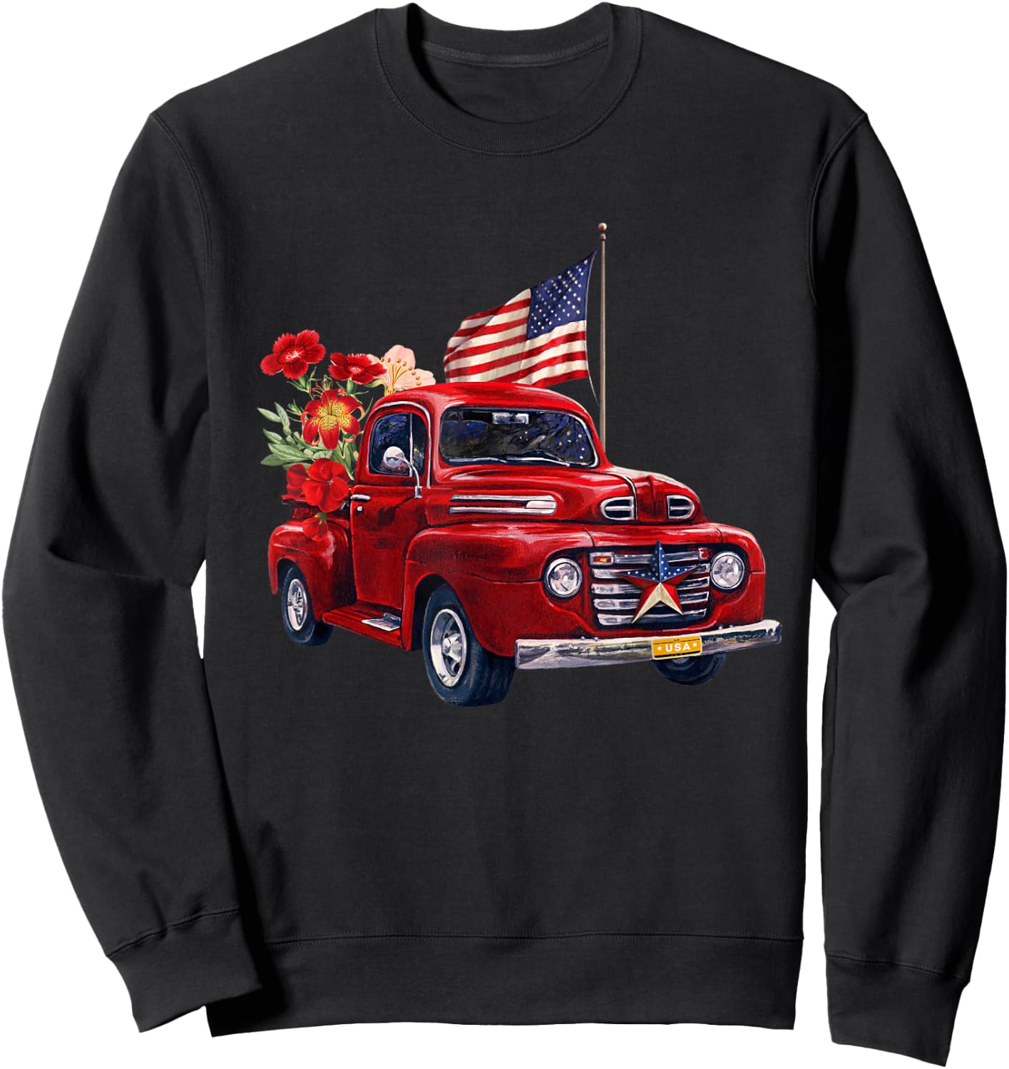 Red Truck With Flowers American Flag Happy 4th Of July Women Men Sweatshirt - Sweatshirt | Black
