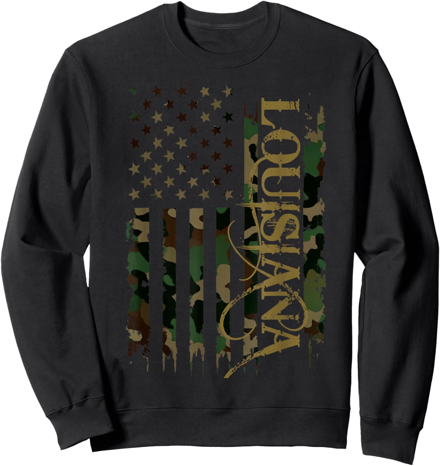 Louisiana United States Distressed Camo w US Flag Sweatshirt - Sweatshirt | Black