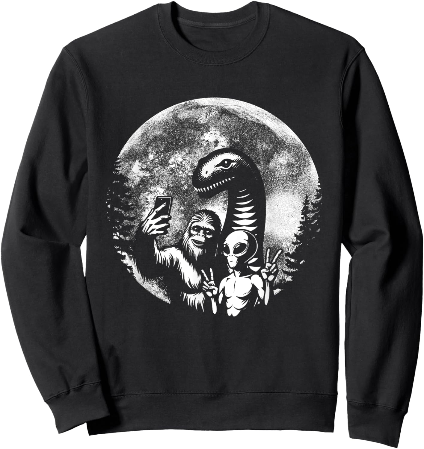 Funny Bigfoot Sasquatch Alien Loch Ness Full Moon Selfie Sweatshirt - Sweatshirt | Black