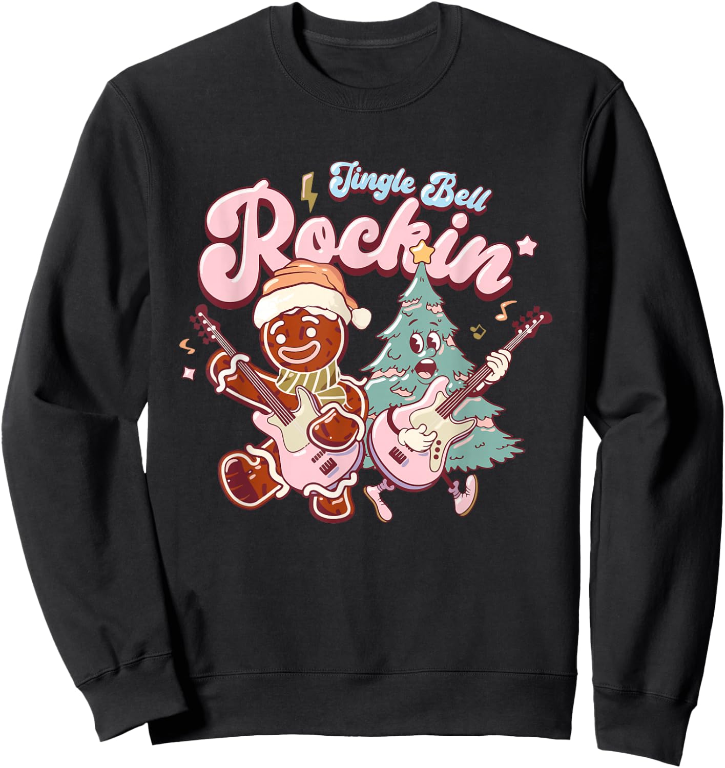 Jingle Bell Rockin Christmas Tree Guitarist Groovy Retro Sweatshirt - Sweatshirt | Black
