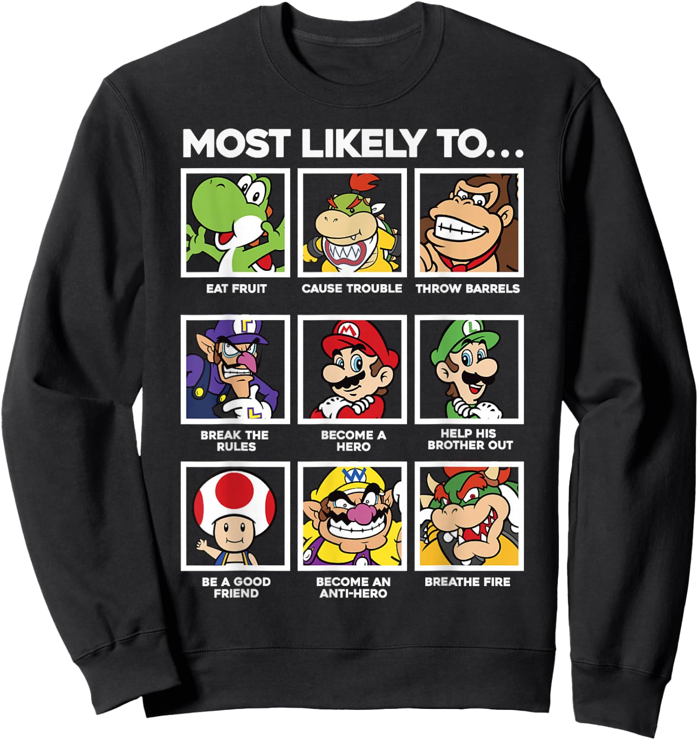 Super Mario Group Shot Most Likely To Grid Sweatshirt - Sweatshirt | Black
