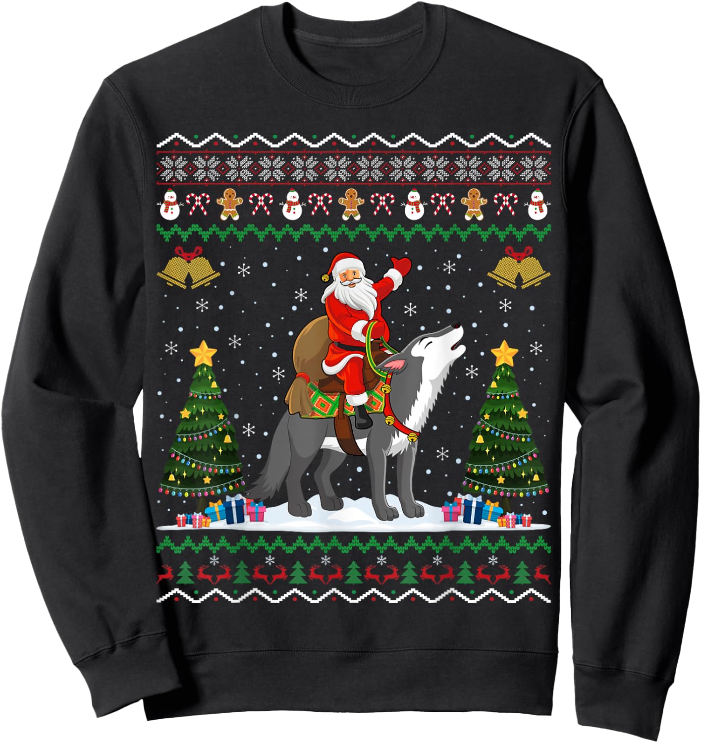 Ugly Wolf Xmas Gift Santa Riding Wolf Christmas Sweatshirt - Sweatshirt | Black