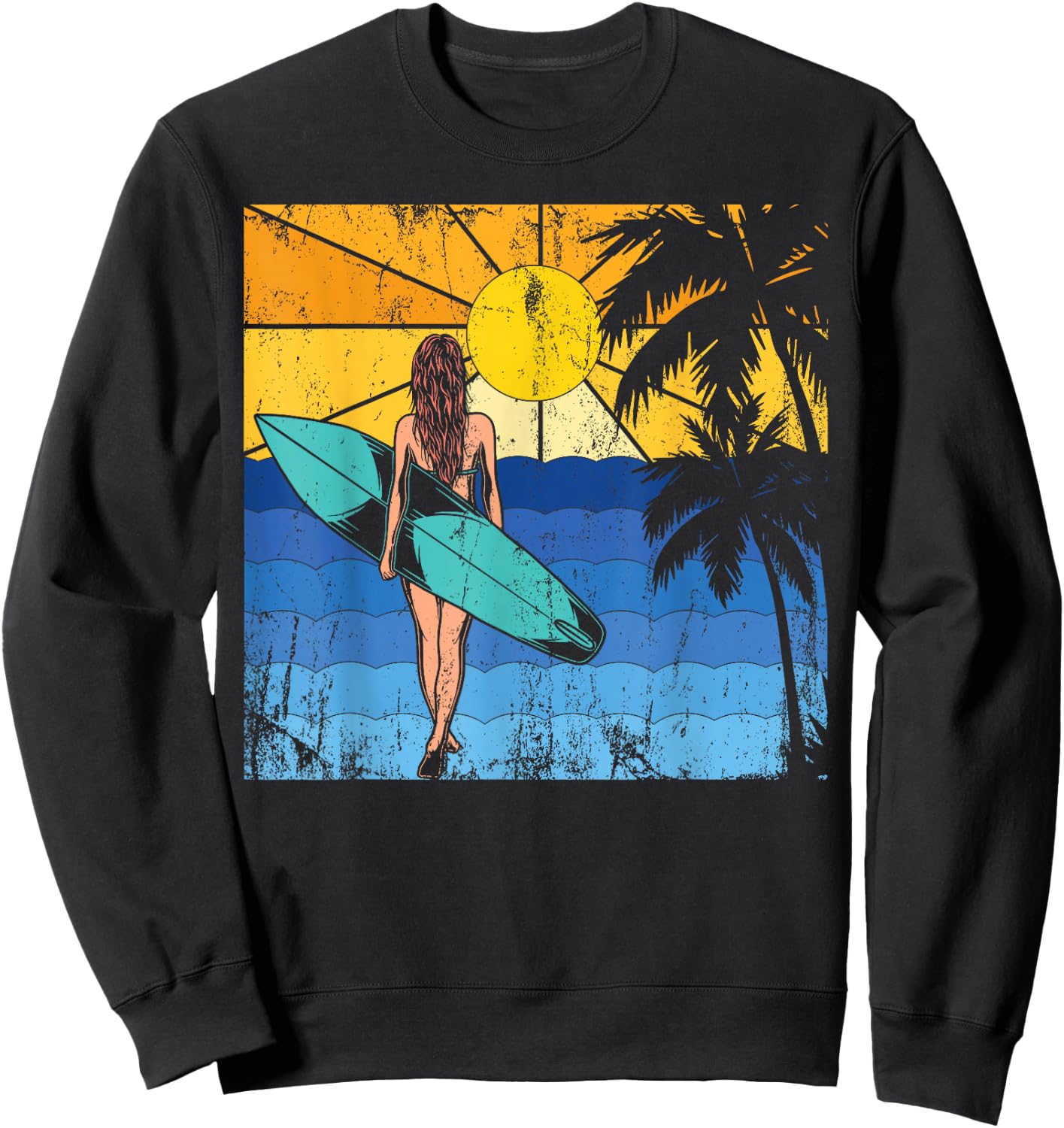 Tropical Beach Surf Sunset Surfboard Surfer Ocean Surfing Sweatshirt - Sweatshirt | Black