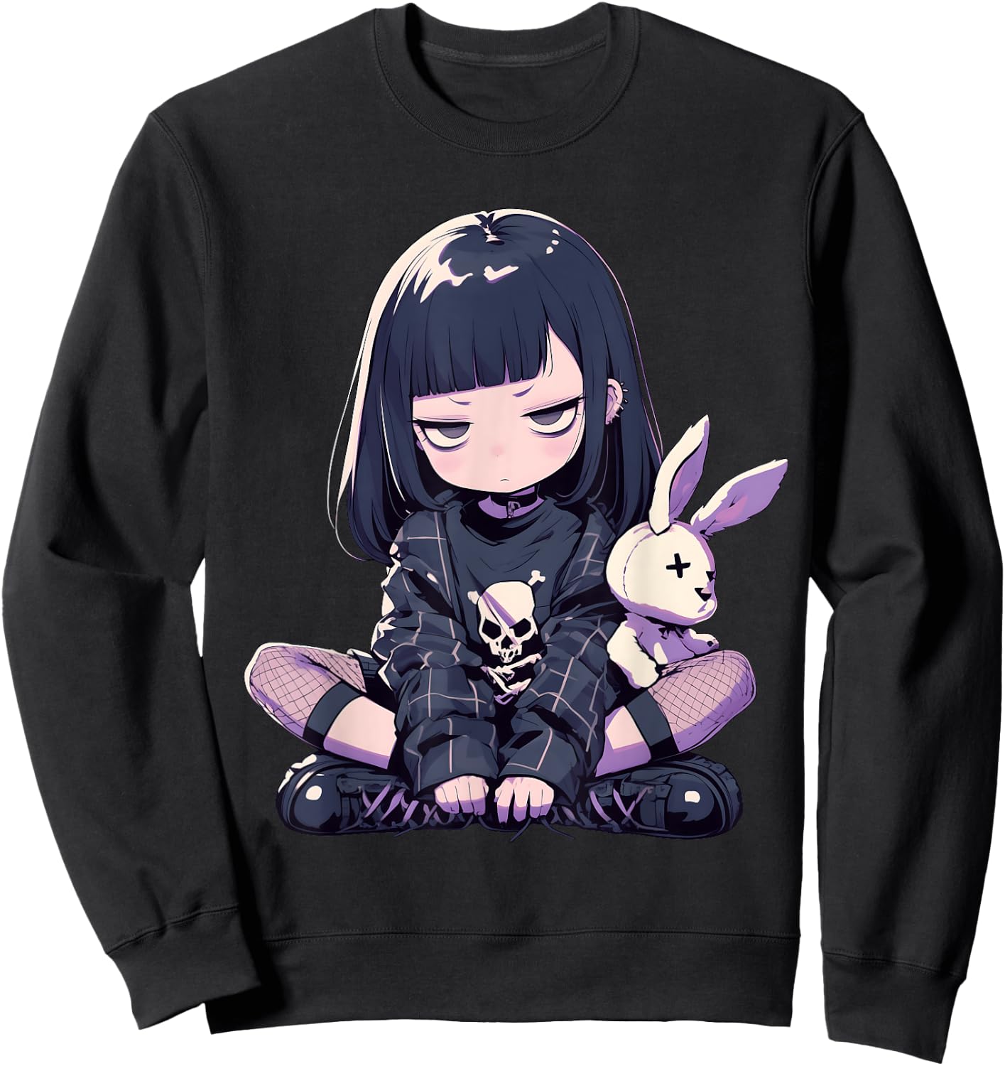 Grunge Goth Bunny Anime Girl Cute E-Girl Gothic Outfit Sweatshirt - Sweatshirt | Black