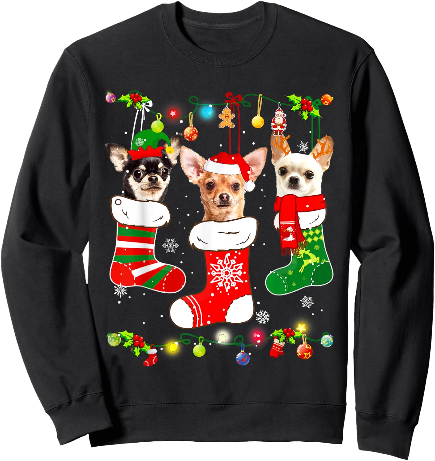Chihuahua Christmas Lights Gift Funny Xmas Dog Lover Sweatshirt - Sweatshirt | Black