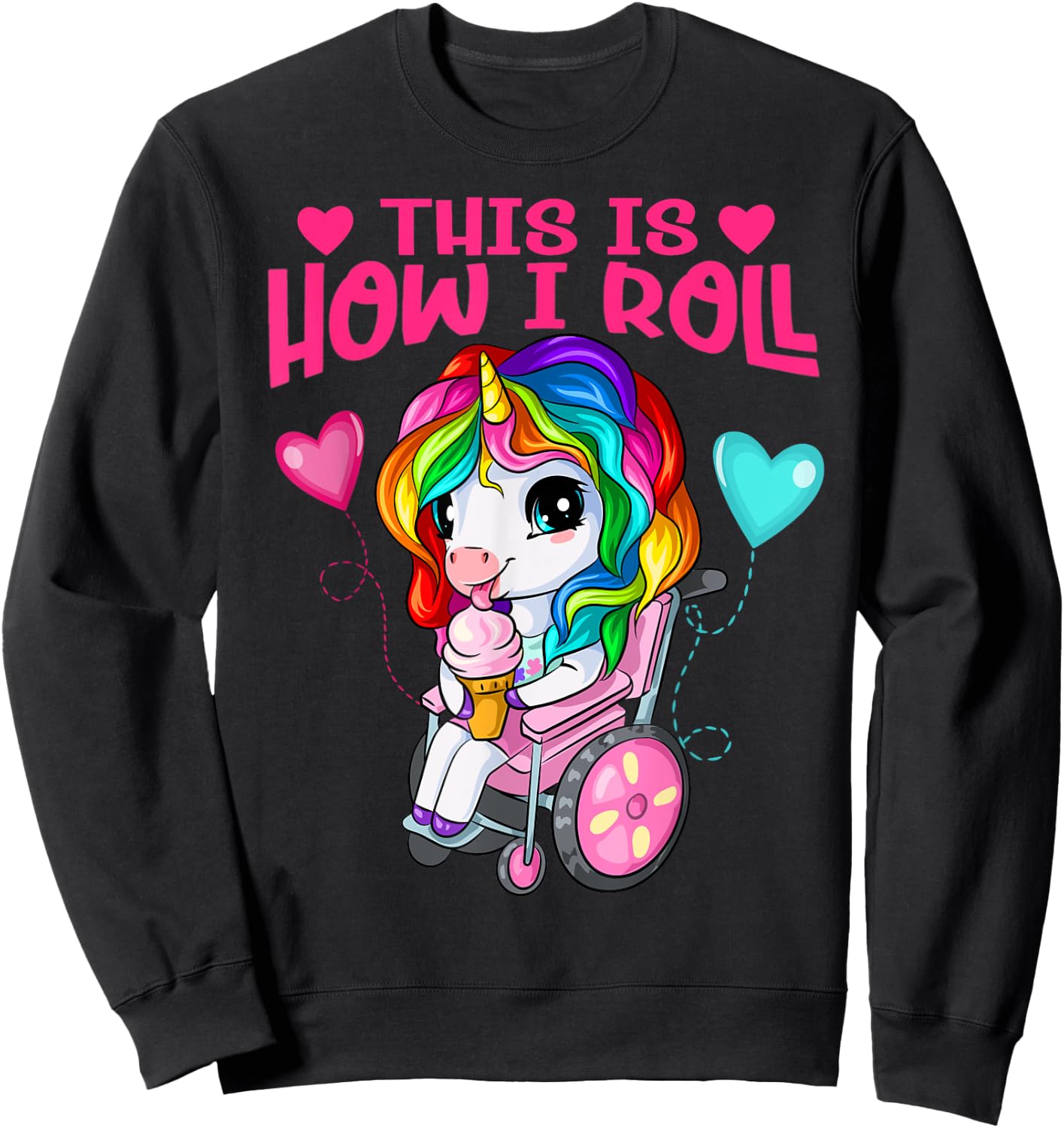 Cute Ice Cream Eating Unicorn Girl In Wheelchair Sweatshirt - Sweatshirt | Black