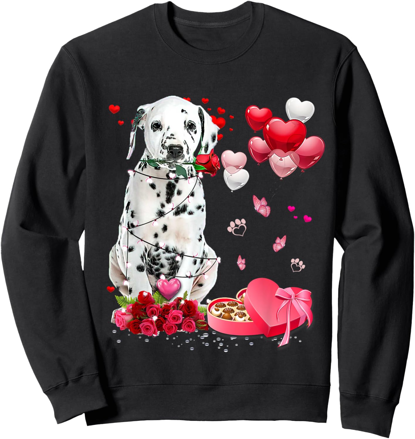 Funny Dalmatian Rose Heart Happy Valentine Day Dog Mom Women Kids Sweatshirt - Sweatshirt | Black