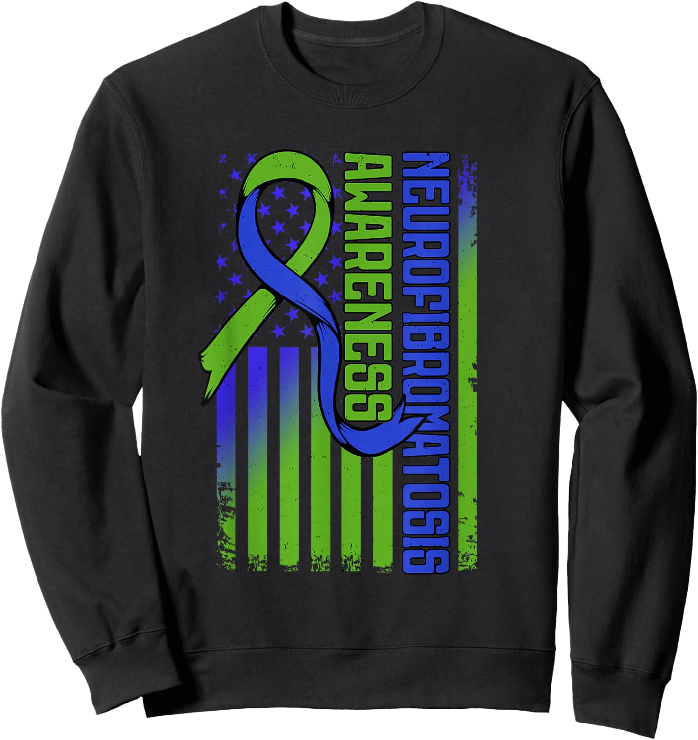 Neurofibromatosis Flag NF1 Blue and Green Ribbon Awareness Sweatshirt - Sweatshirt | Black