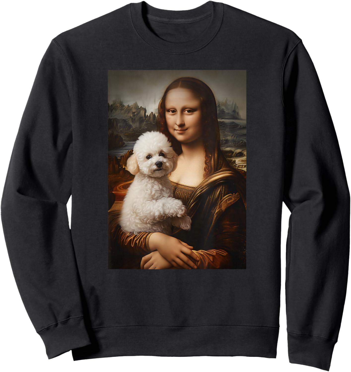 Bichon Frise Mona Lisa Painting Art Dog Mom Dad Sweatshirt - Sweatshirt | Black
