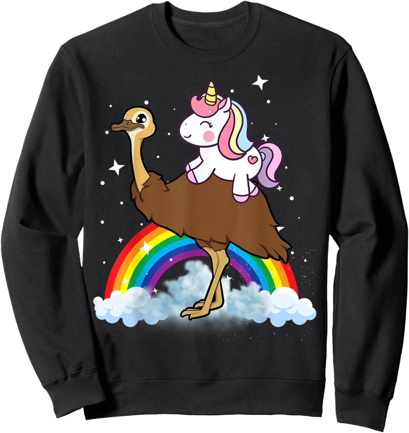 Unicorn Riding Emu Boys Girls Men Women Kids Teens Rainbow Sweatshirt - Sweatshirt | Black
