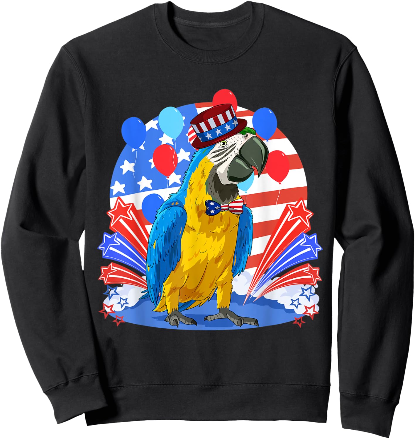 Blue And Yellow Macaw Merica 4th of July American Flag Women Kids Men Sweatshirt - Sweatshirt | Black