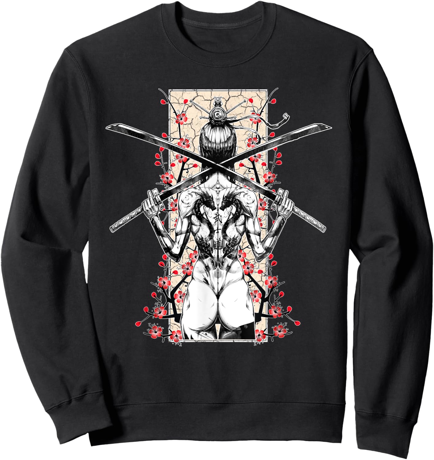 Japanese Samurai Girl and Vintage Sakura Cherry Blossom Gift Sweatshirt - Sweatshirt | Black