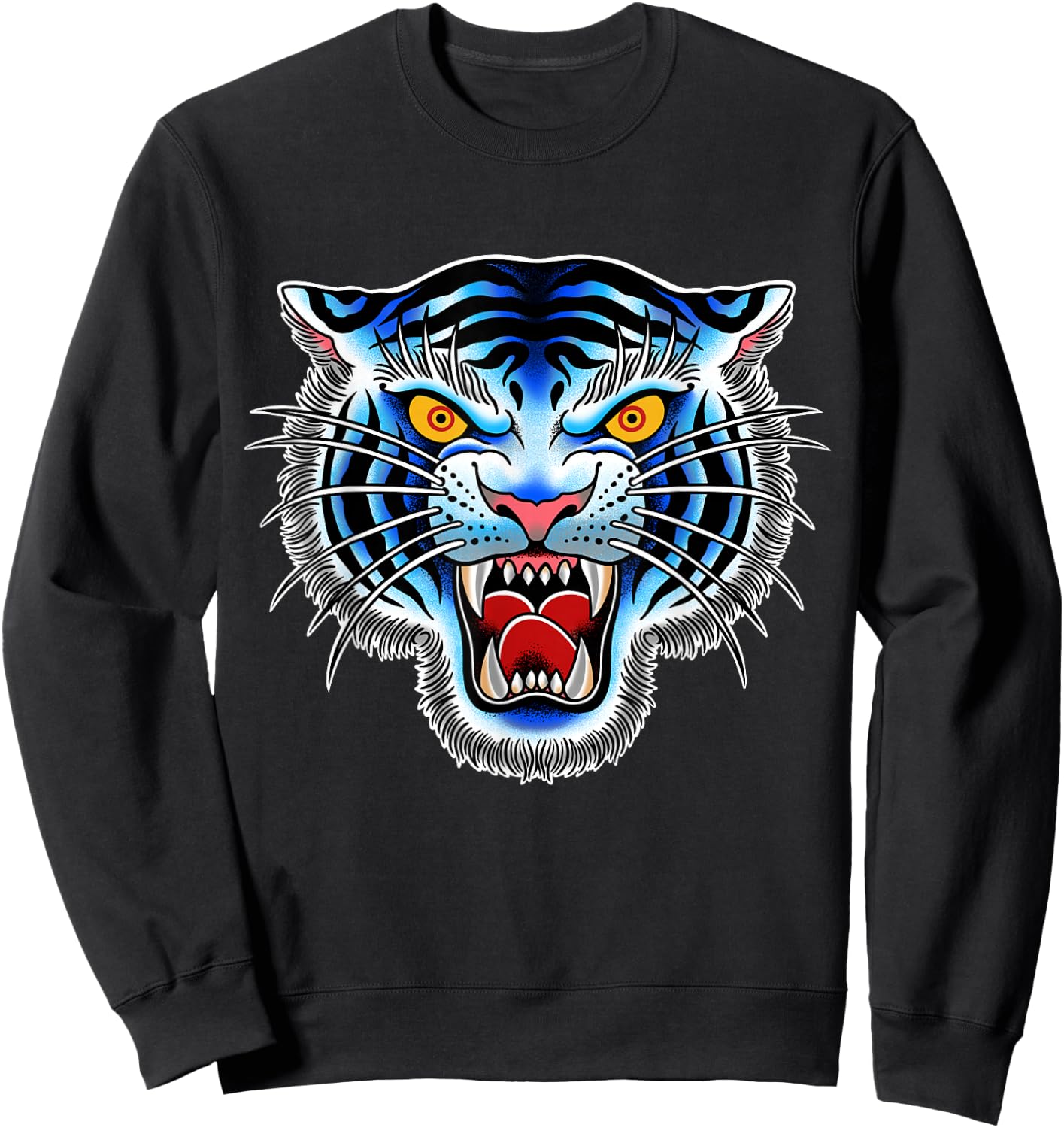 White Tiger Head Tattoo, Traditional Tattoo Graphic Sweatshirt - Sweatshirt | Black