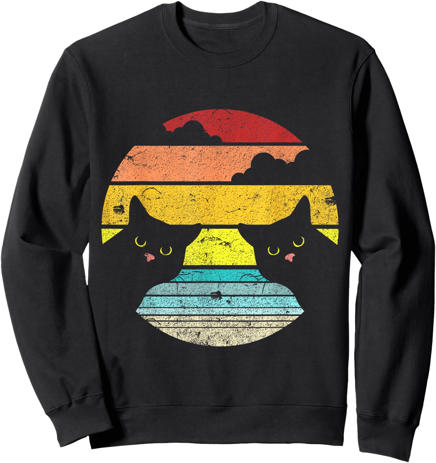 Two Cats Staring Vintage Sunset Retro Style Cat Sweatshirt - Sweatshirt | Black