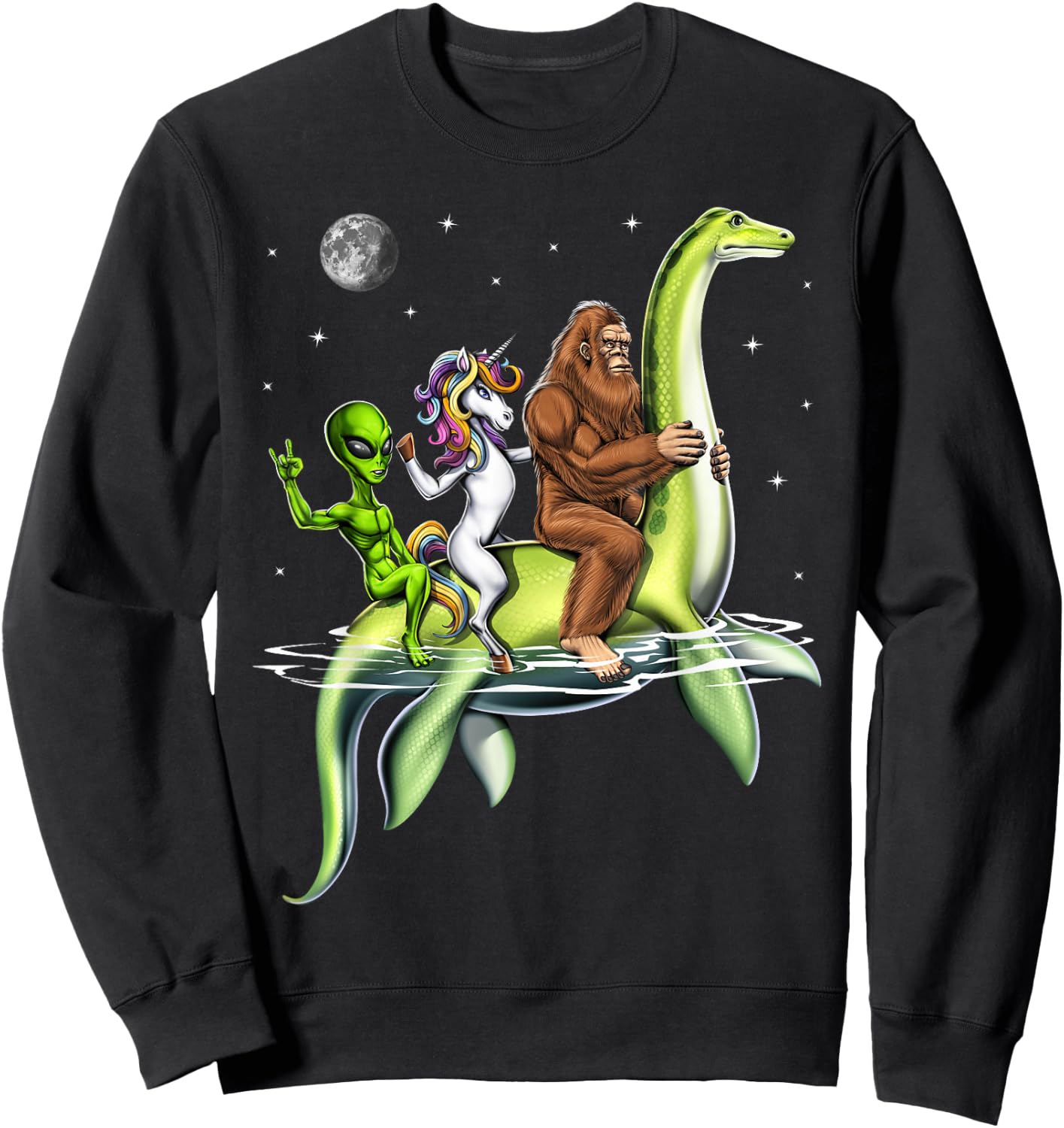 Cryptids Bigfoot Alien Unicorn Riding Loch Ness Monster Sweatshirt - Sweatshirt | Black