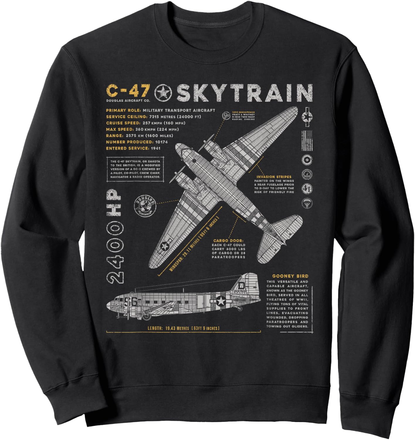 C-47 Skytrain | C47 Douglas Dakota WWII Transport Aircraft Sweatshirt - Sweatshirt | Black