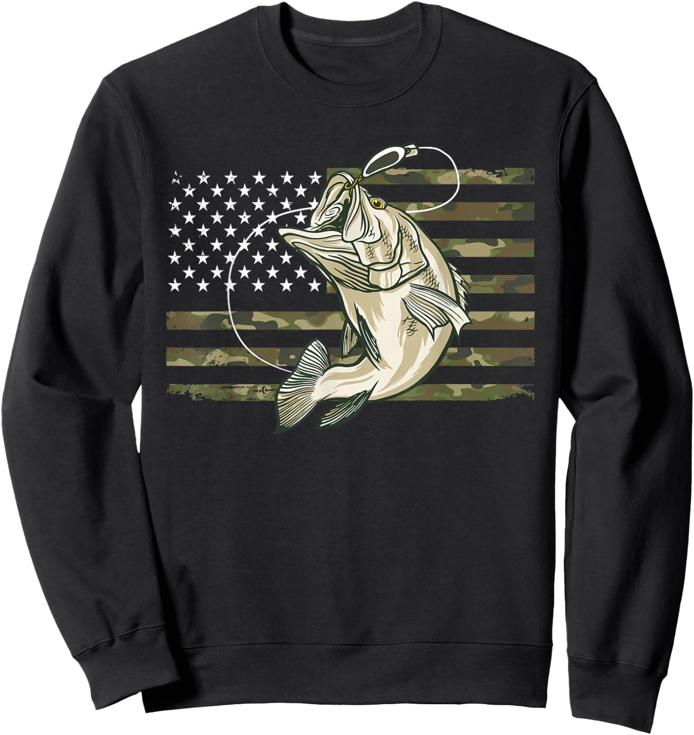 Fishing Camouflage US American Flag Bass Fish Fisherman Camo Sweatshirt - Sweatshirt | Black