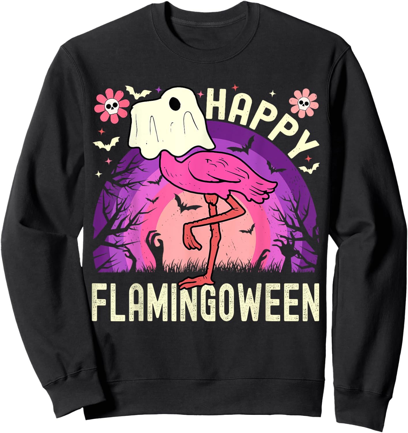 Happy Flamingoween Funny Flamingo Ghost Retro Halloween Sweatshirt - Sweatshirt | Black