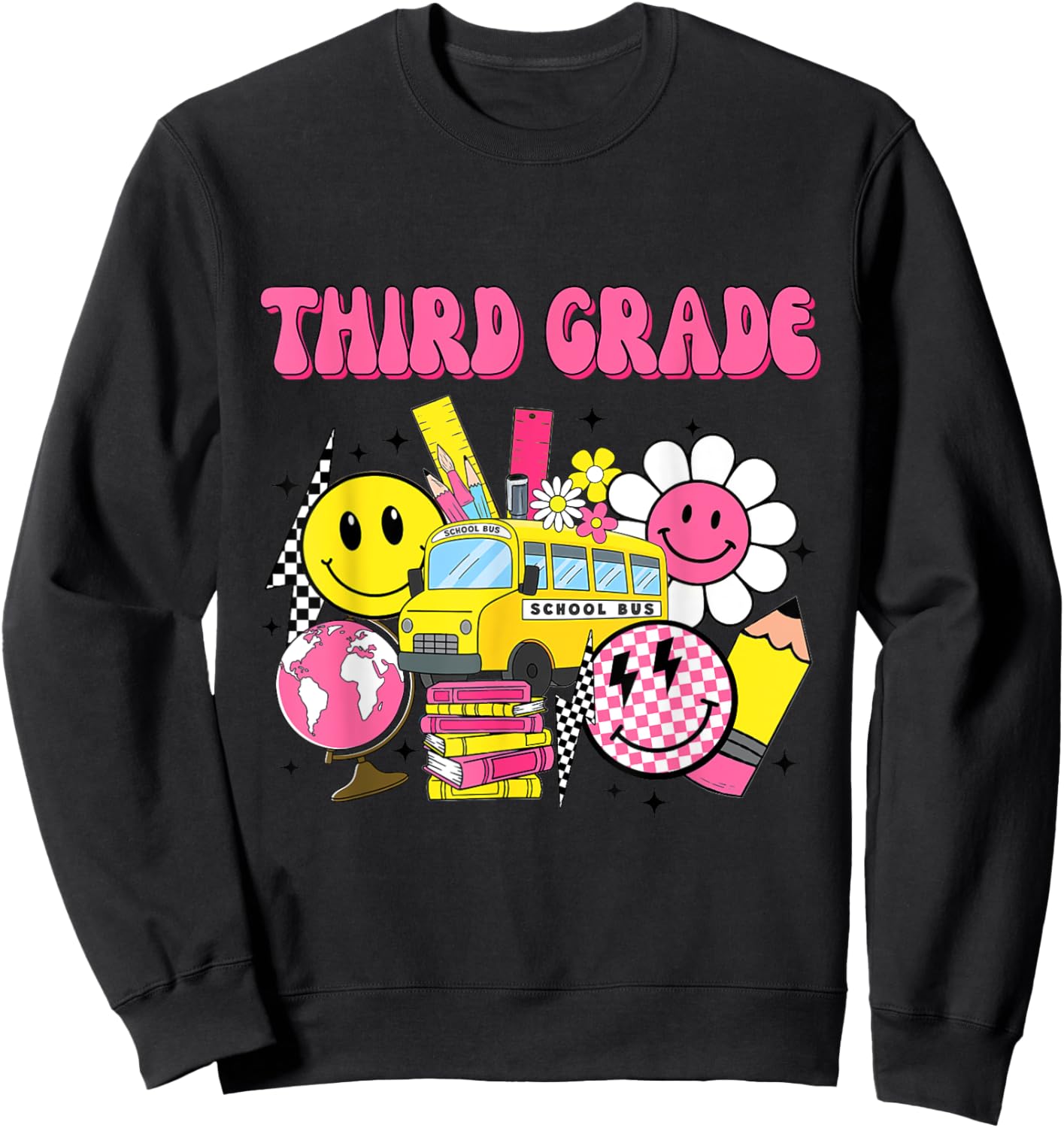 Retro Groovy Third Grade Checkered Back To School Teacher Sweatshirt - Sweatshirt | Black
