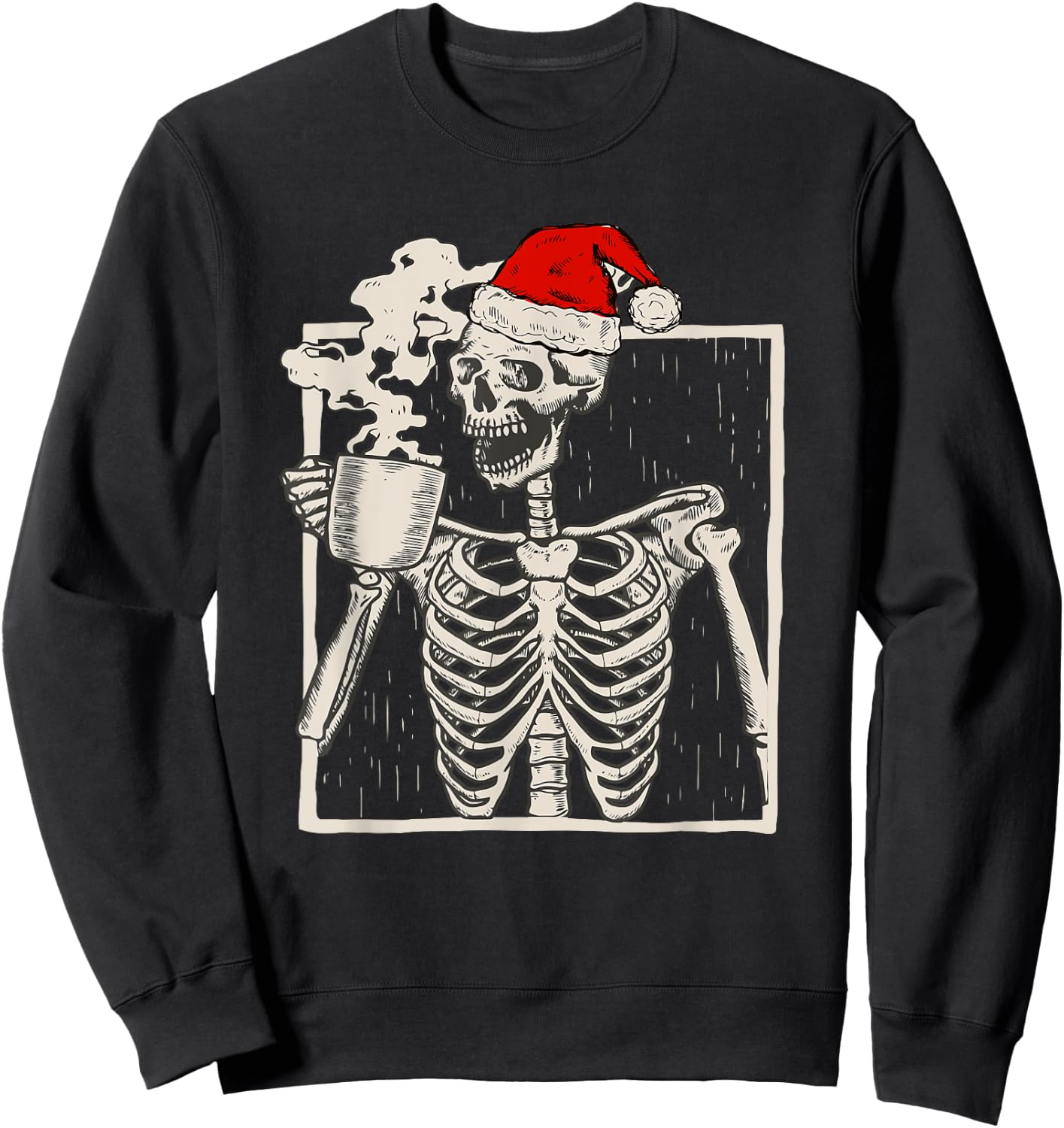 Christmas Skeleton With Smiling Skull Drinking Coffee Latte Sweatshirt - Sweatshirt | Black