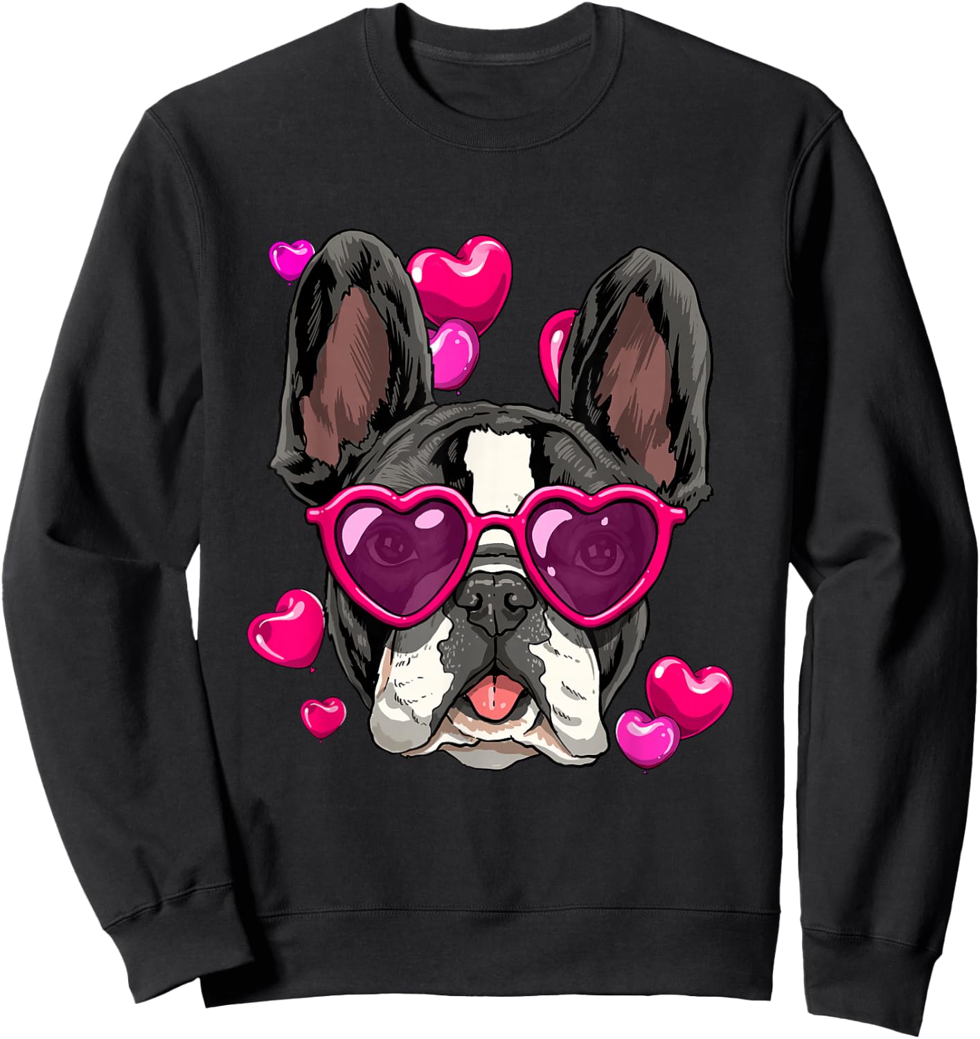 Valentine's Day French Bulldog With Heart Glasses Frenchie Sweatshirt - Sweatshirt | Black