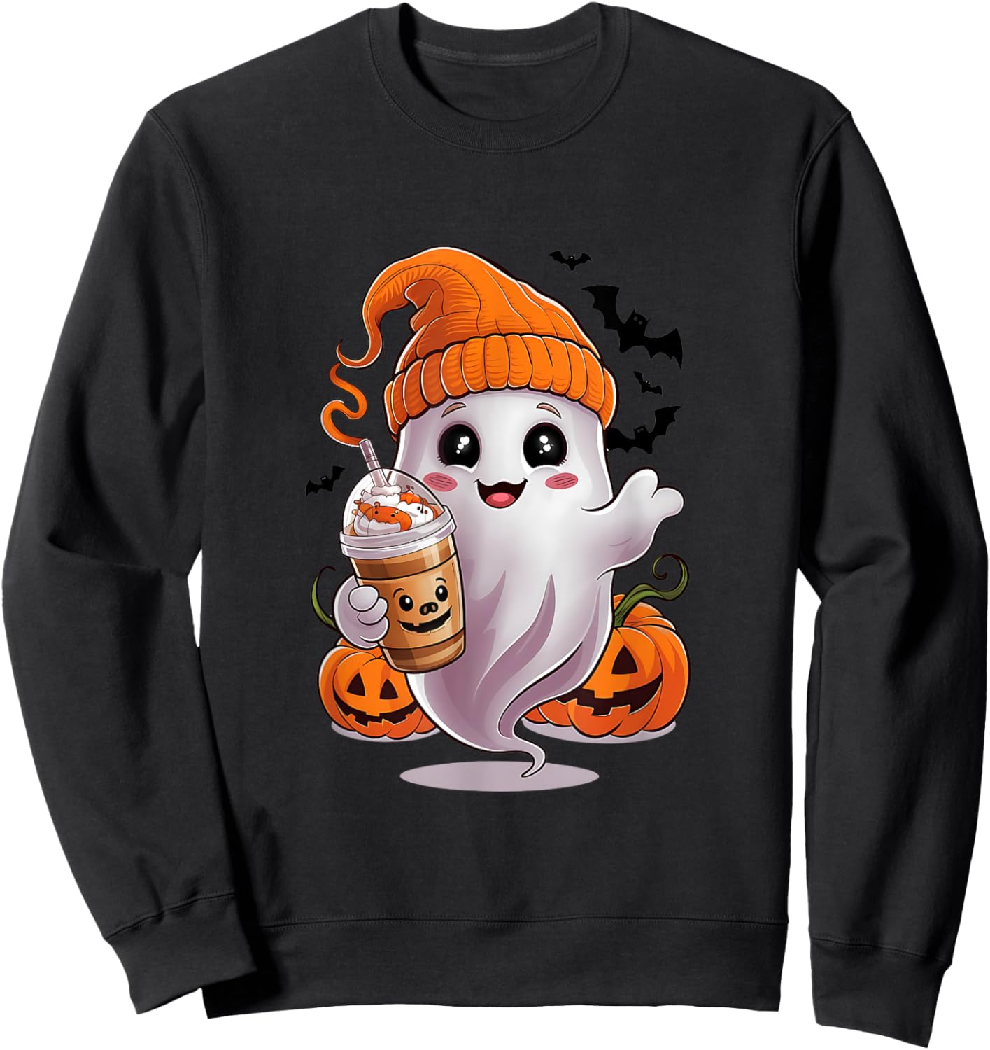 Cute Ghost Drinking Coffee Halloween Ghost Coffee Sweatshirt - Sweatshirt | Black