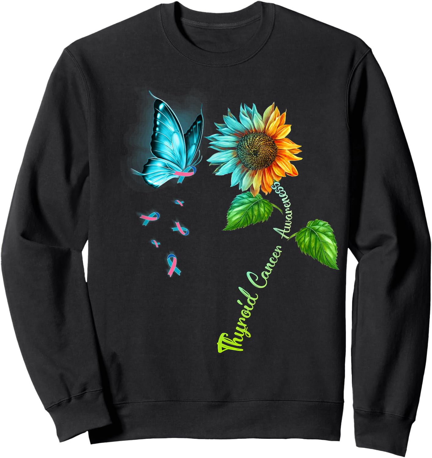 Butterfly Sunflower Thyroid Cancer Awareness Sweatshirt - Sweatshirt | Black