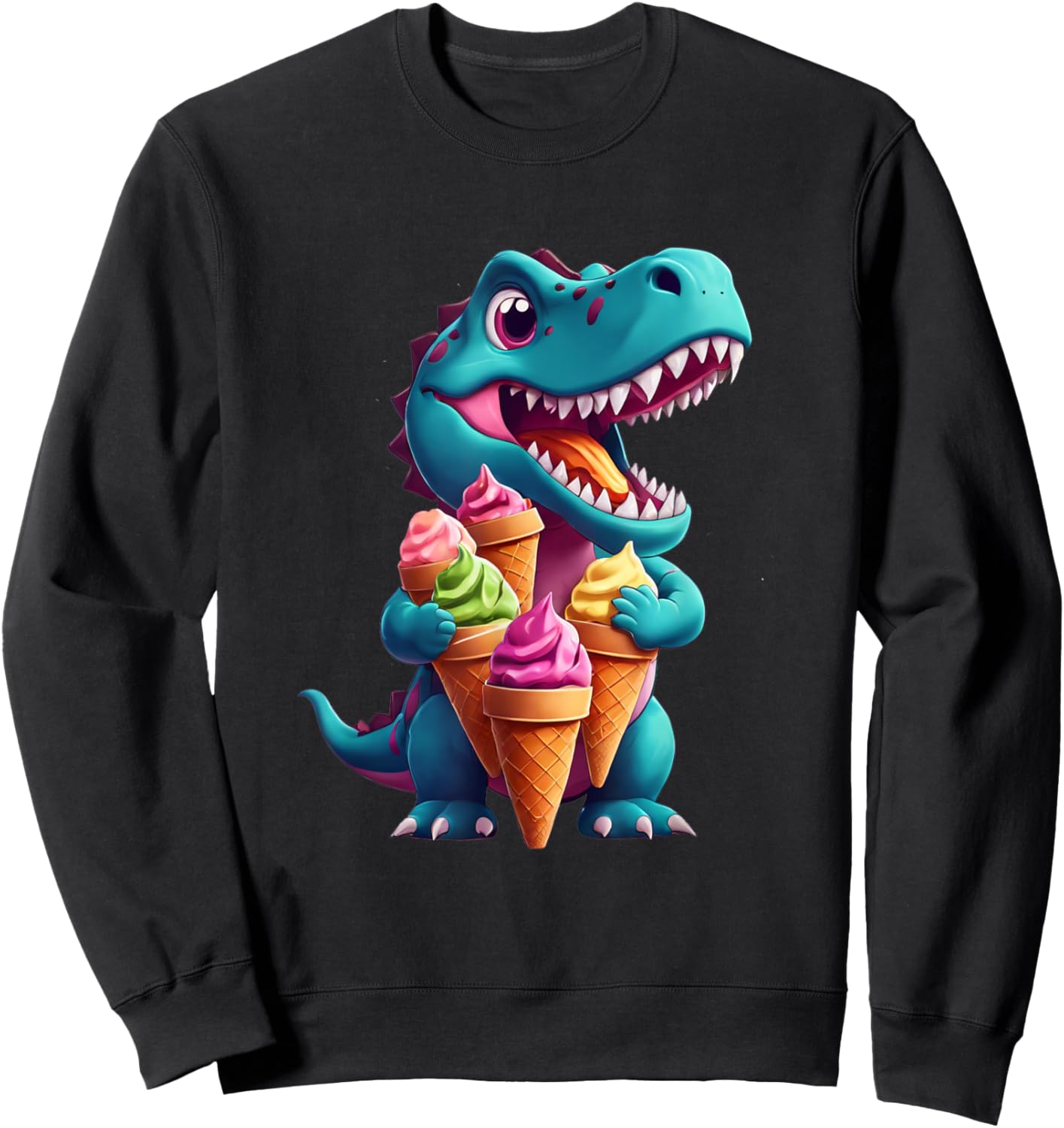 T-Rex Dinosaur Eating Ice Cream Cone Party Men Women Kids Sweatshirt - Sweatshirt | Black