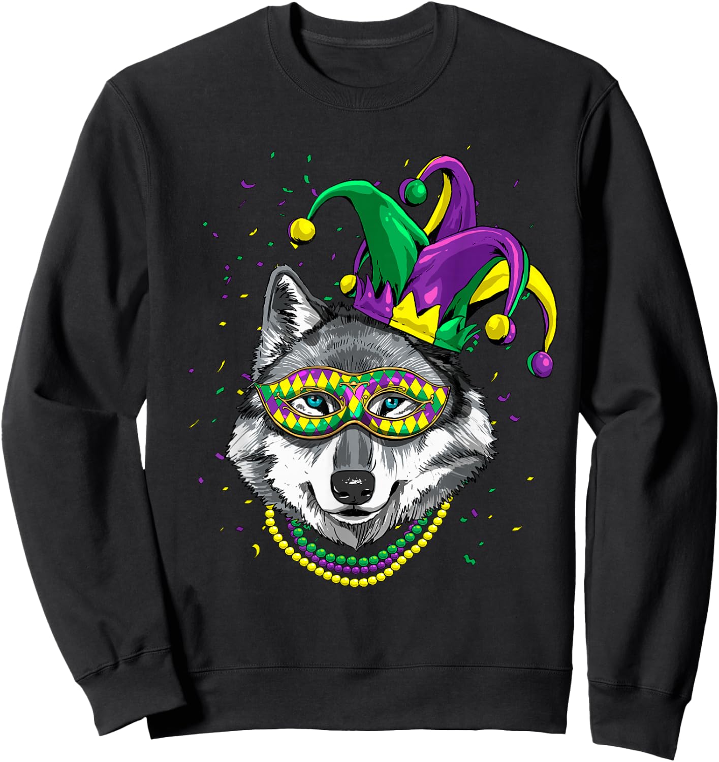 Wolf Animal Lover Cute Mardi Gras Carnival Jester Sweatshirt - Sweatshirt | Black