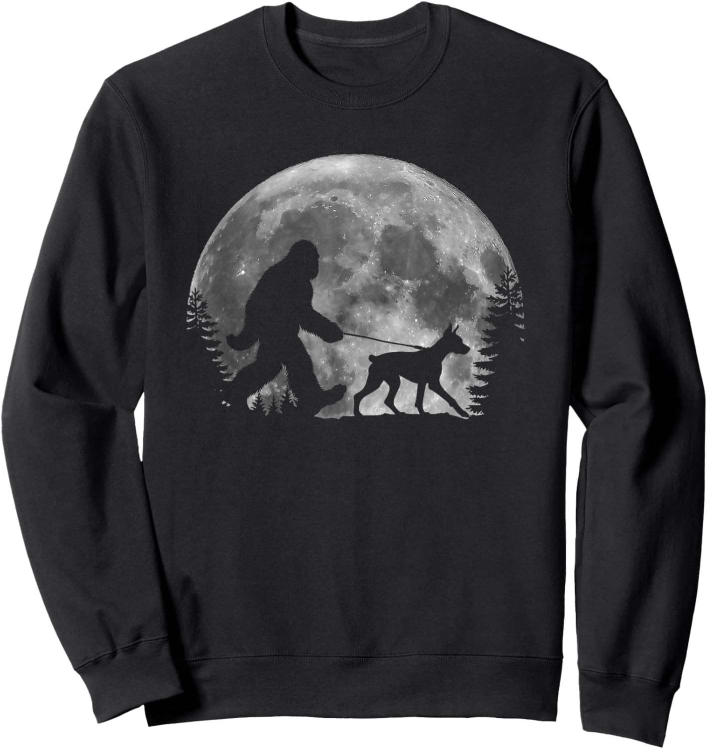 Bigfoot Walking a Dog Funny Doberman Pinscher Moon Halloween Sweatshirt - Sweatshirt | Black