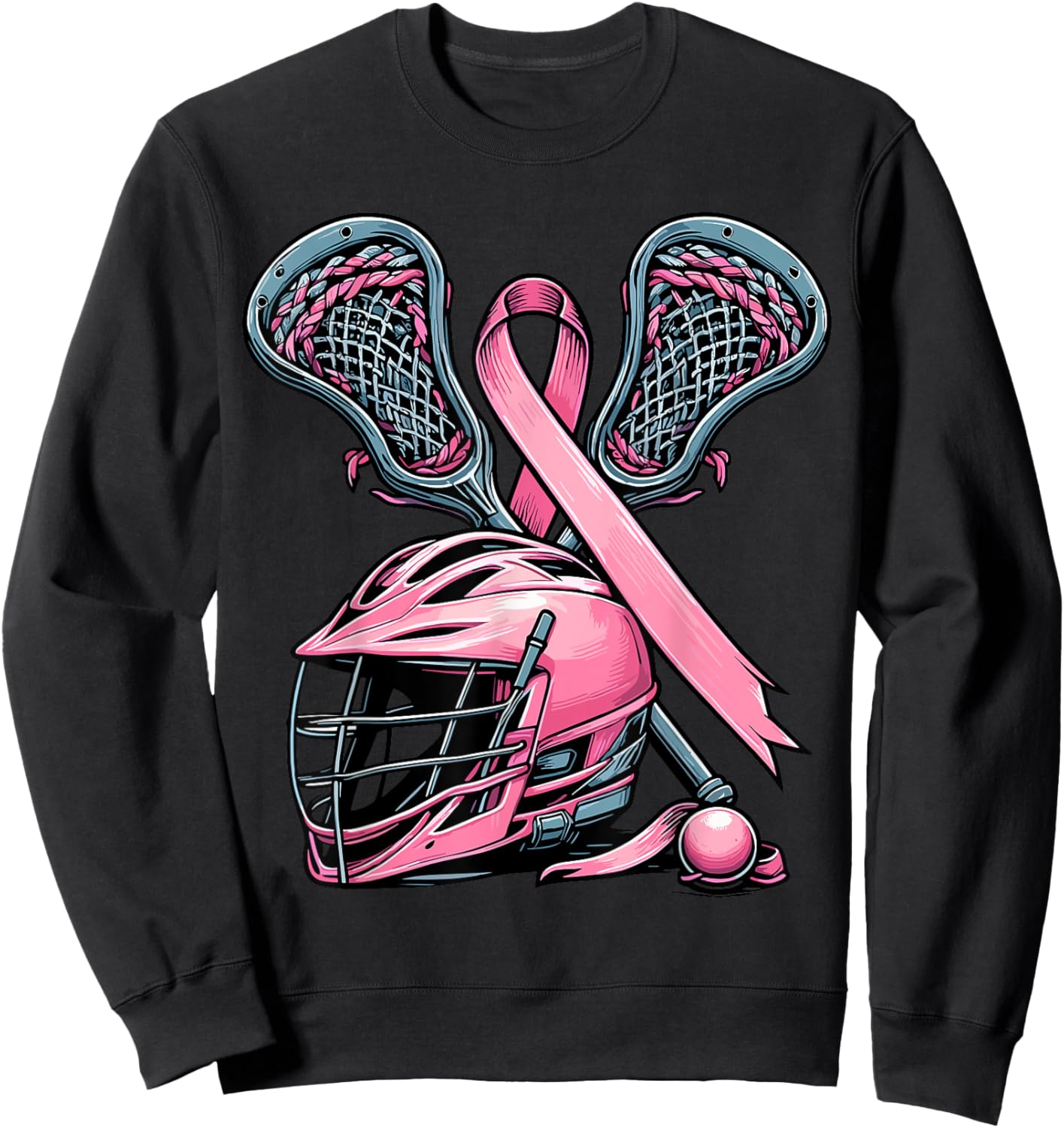 Lacrosse Pink Ribbon Breast Cancer Awareness Sport Lover Sweatshirt - Sweatshirt | Black
