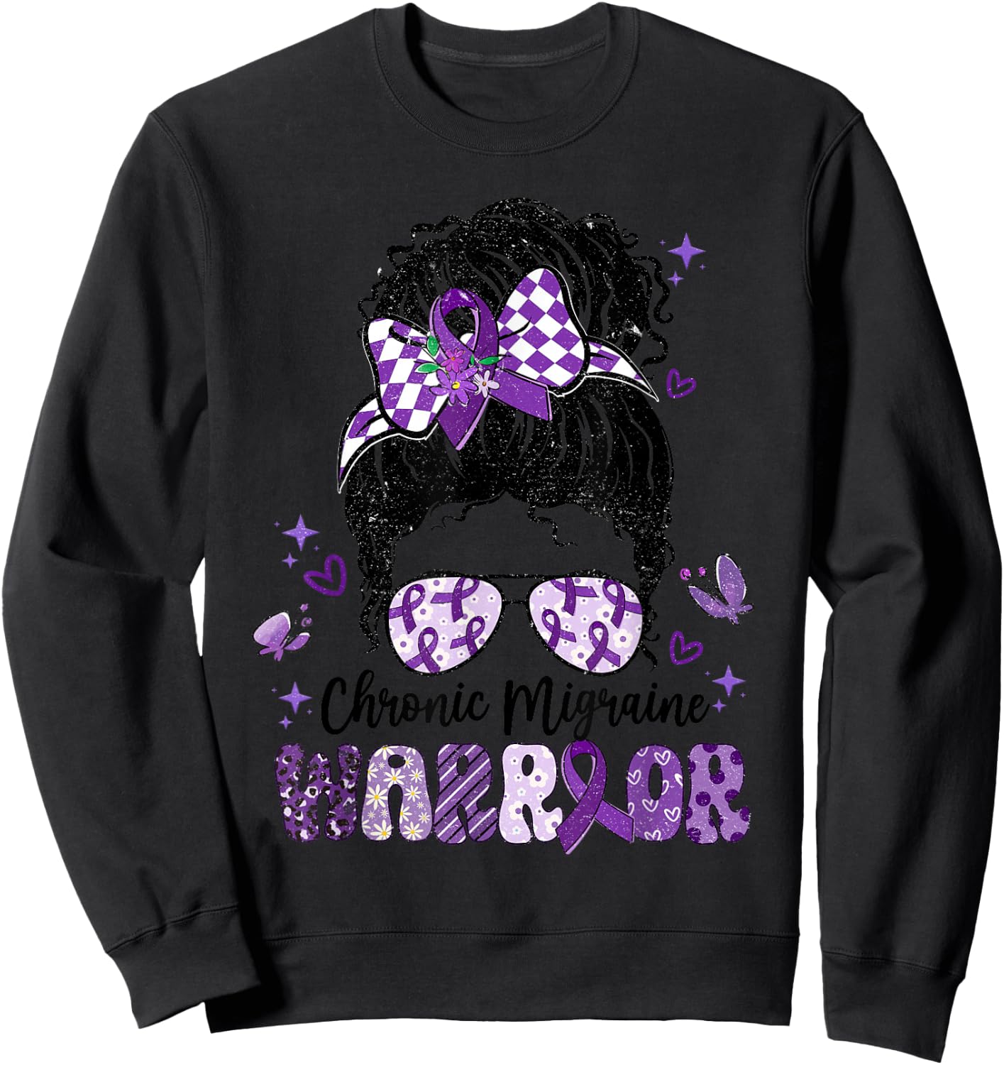 Warrior Messy Bun Red Purple Ribbon Chronic Migraine Sweatshirt - Sweatshirt | Black