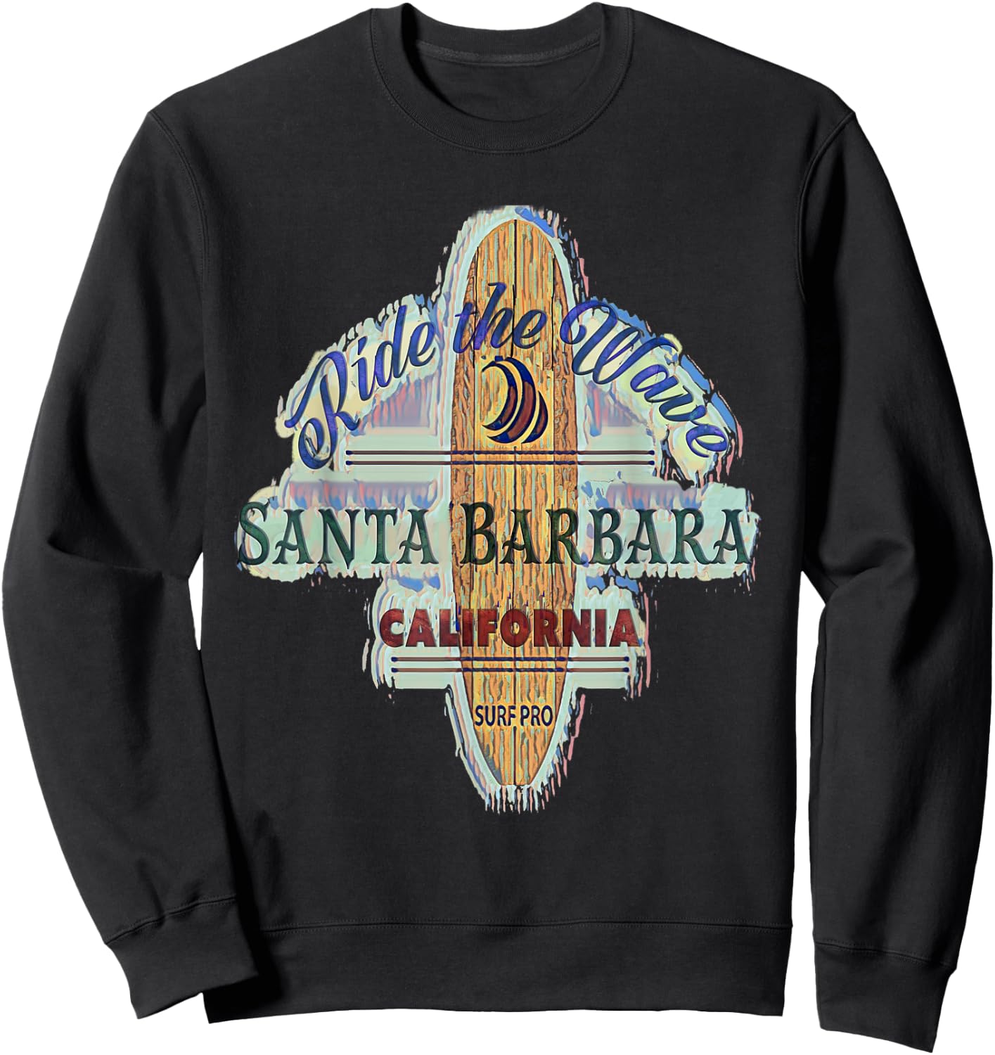 Santa Barbara Surfing Distressed Vintage Retro Surfboard Sweatshirt - Sweatshirt | Black