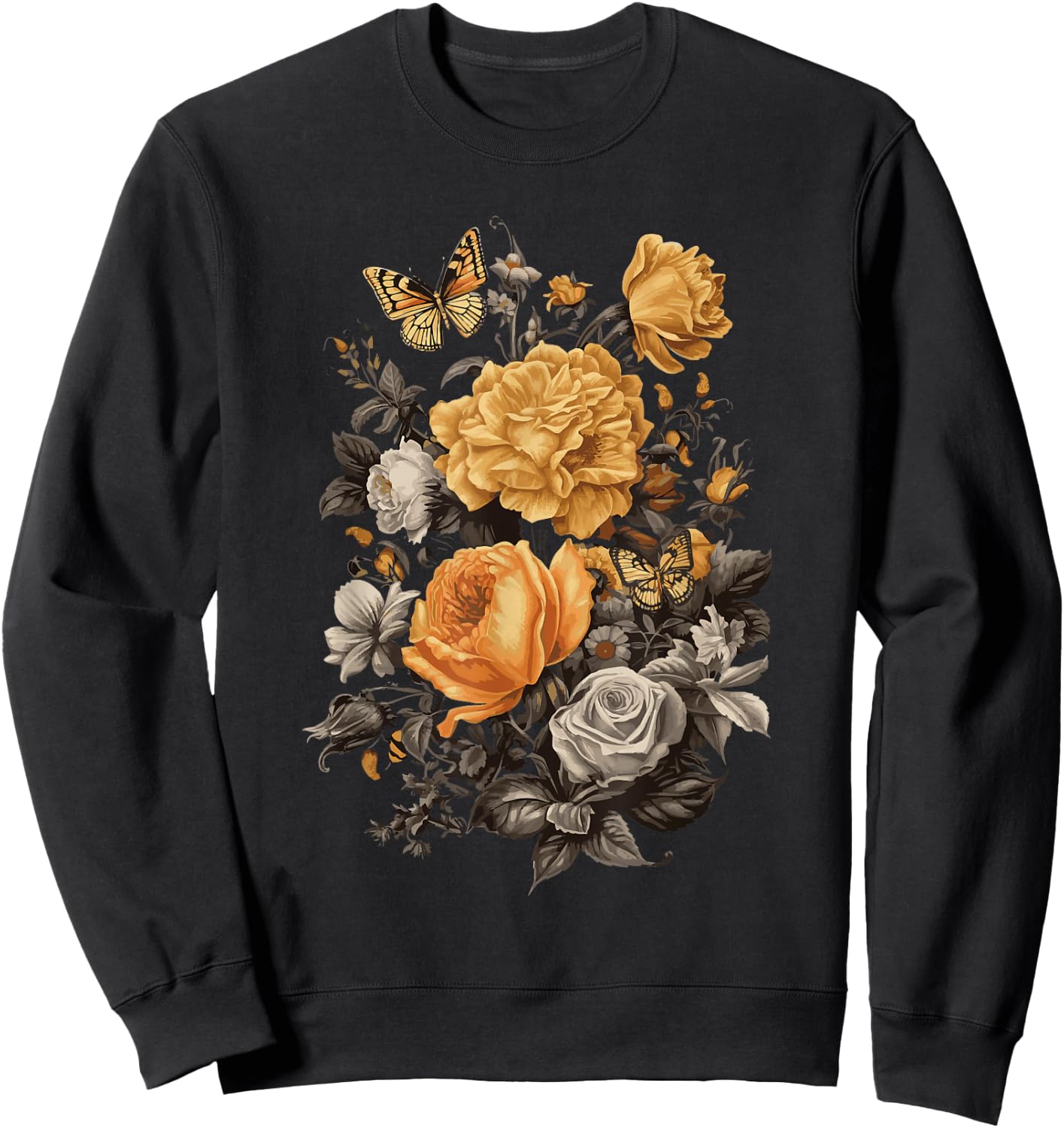 Vintage Flowers Floral Pressed Flower Sweatshirt - Sweatshirt | Black