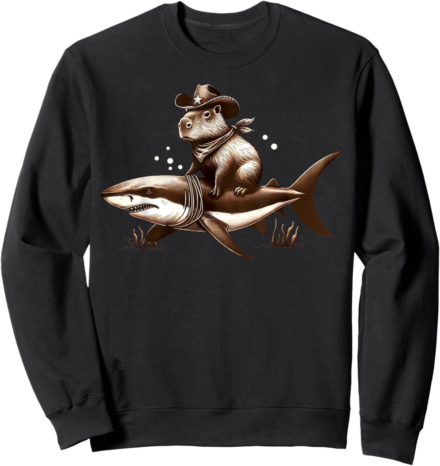 Cowboy Capybara Riding Shark Funny Retro Western Animal Sweatshirt - Sweatshirt | Black
