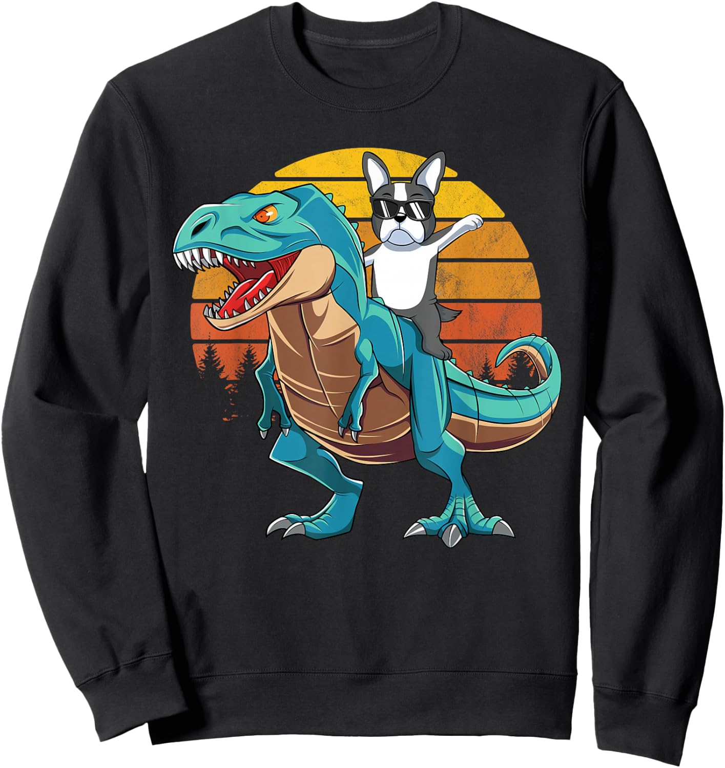 Boston Terrier Dog Riding Dinosaur T Rex Boys Sweatshirt - Sweatshirt | Black