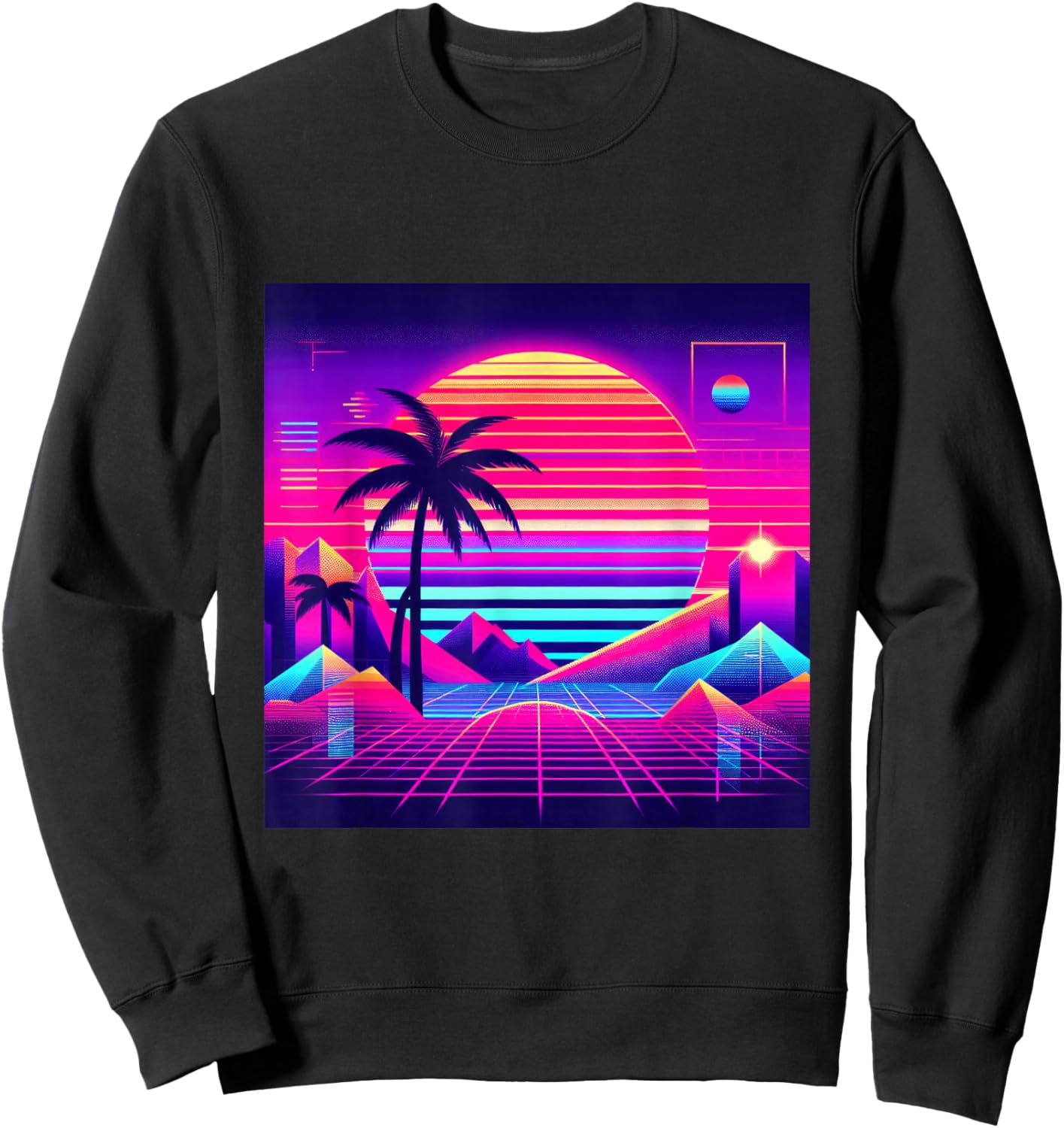 Synthwave Retro Vaporwave Tropical Palm Sunset TV Glitch Sweatshirt - Sweatshirt | Black