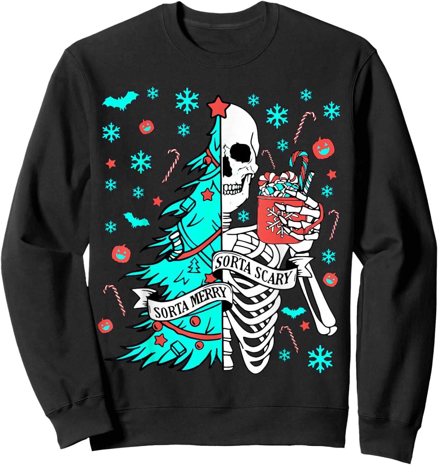 Sorta Merry Sorta Scary Funny Christmas Skeleton Tree Santa Sweatshirt - Sweatshirt | Black