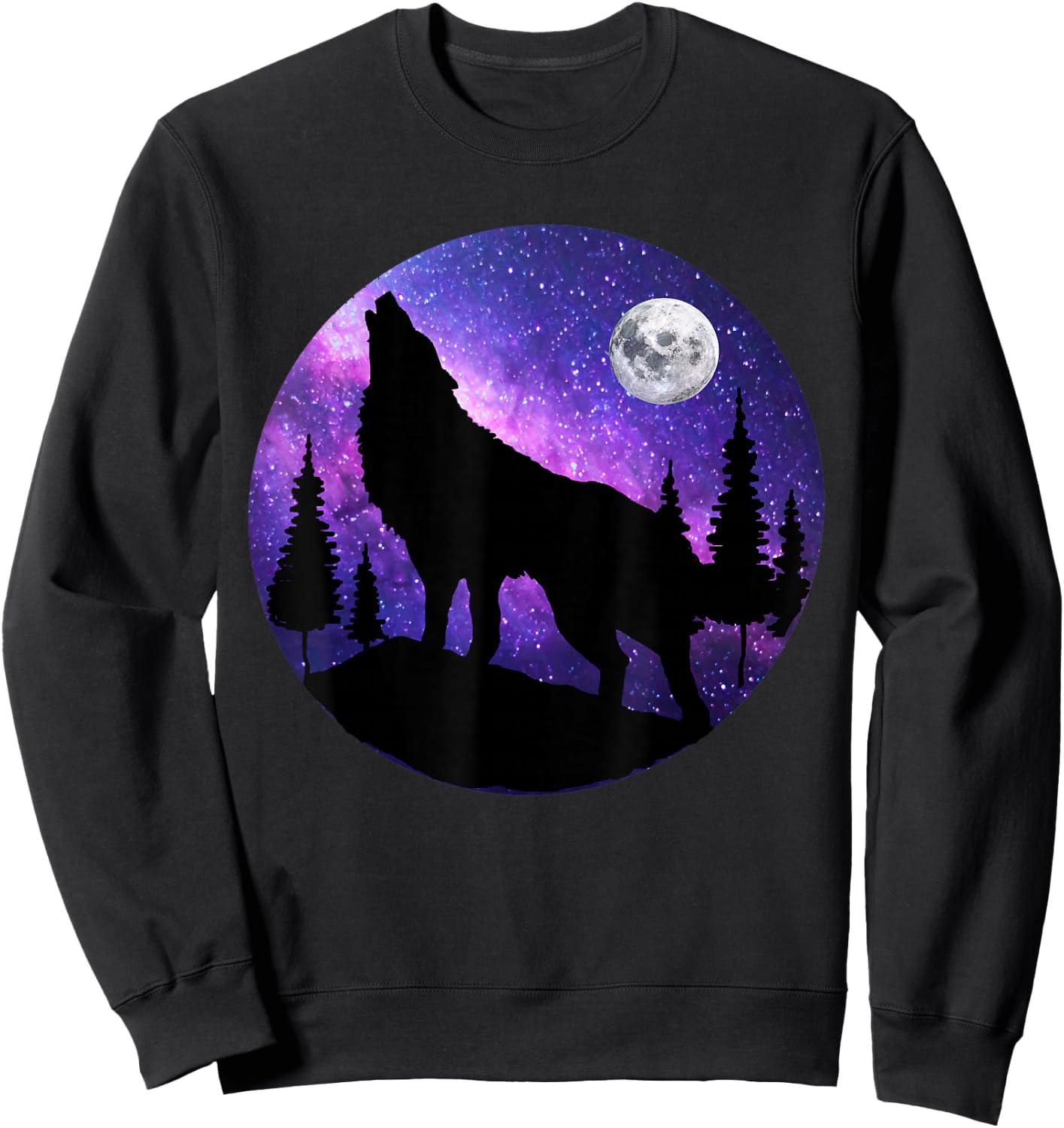 Howling Wolf Under The Full Moon With Purple Galaxy Sky Sweatshirt - Sweatshirt | Black