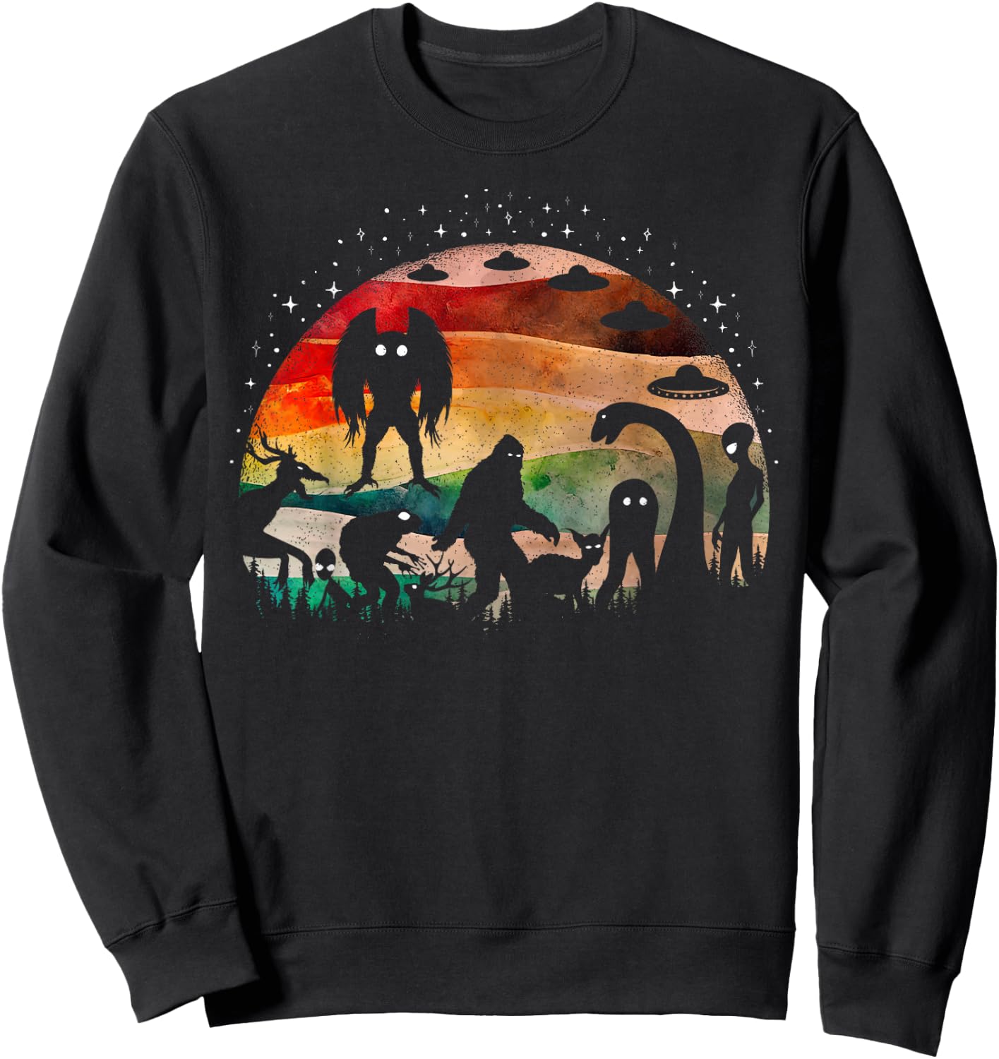 Retro Cryptid Funny Bigfoot Mothman And Aliens Cryptozoology Sweatshirt - Sweatshirt | Black