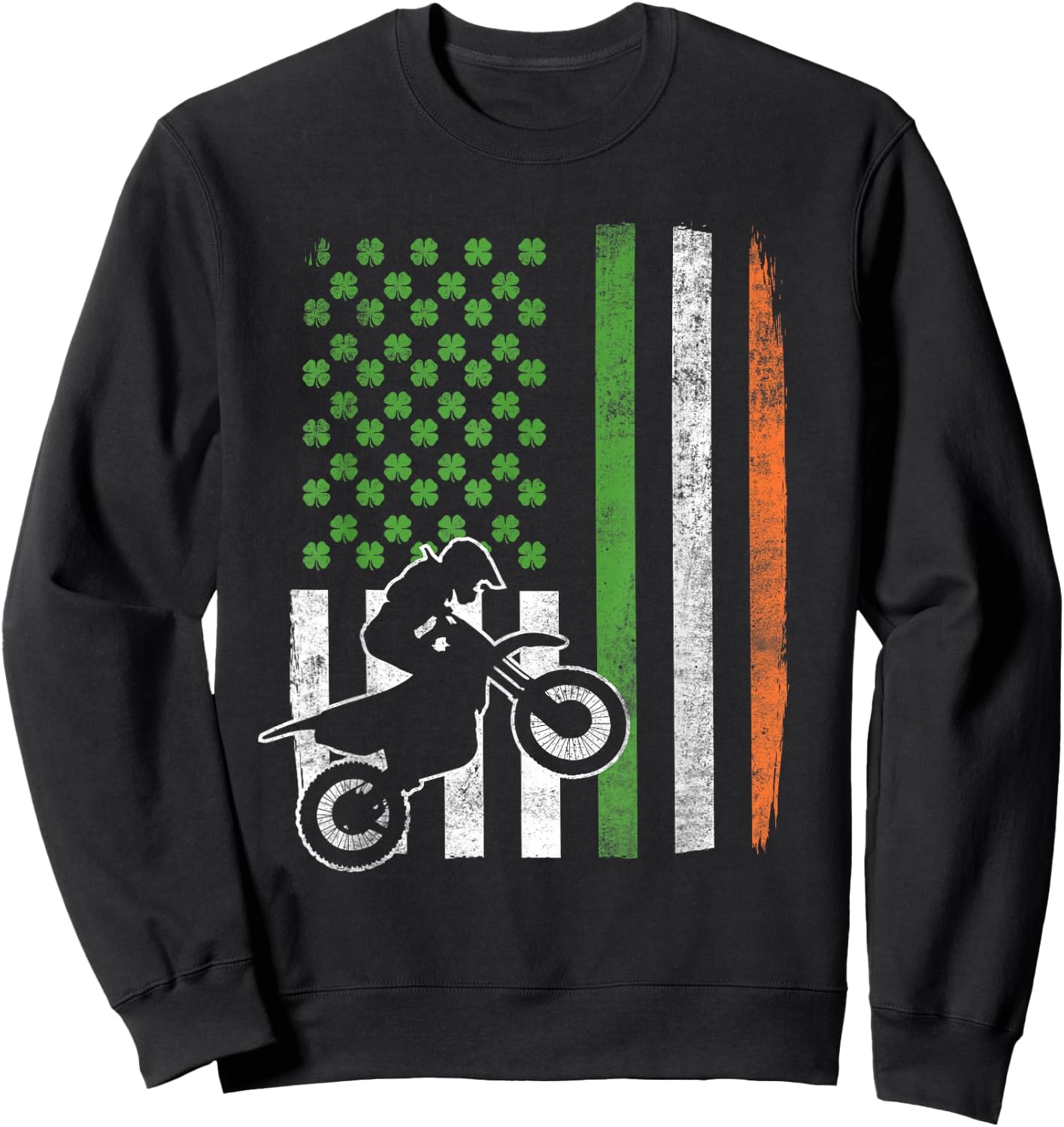 Vintage Motocross St Patricks Day Irish American Flag Gift Women Kids Men Sweatshirt - Sweatshirt | Black