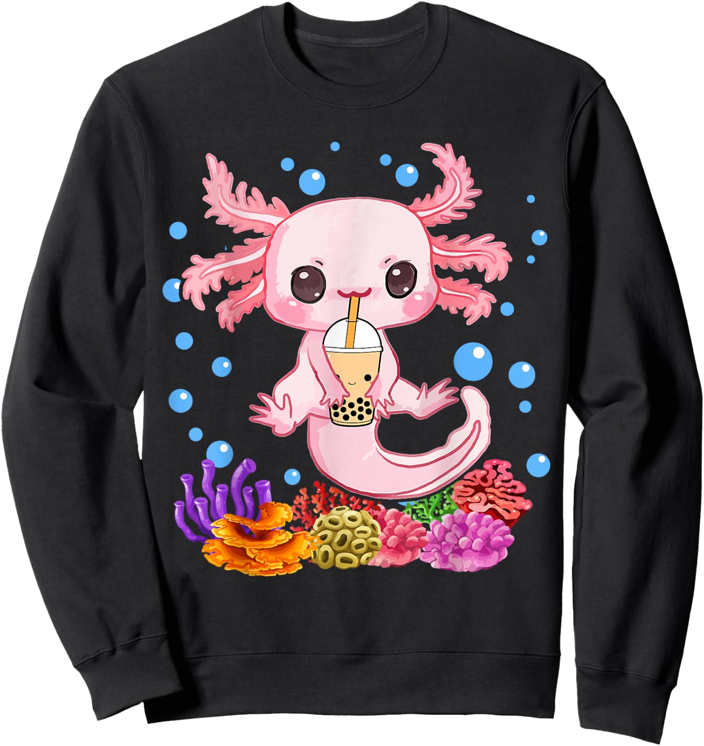 Axolotl Boba Tea Bobalotl Kids Teen Girl Cute Graphic Kawaii Sweatshirt - Sweatshirt | Black