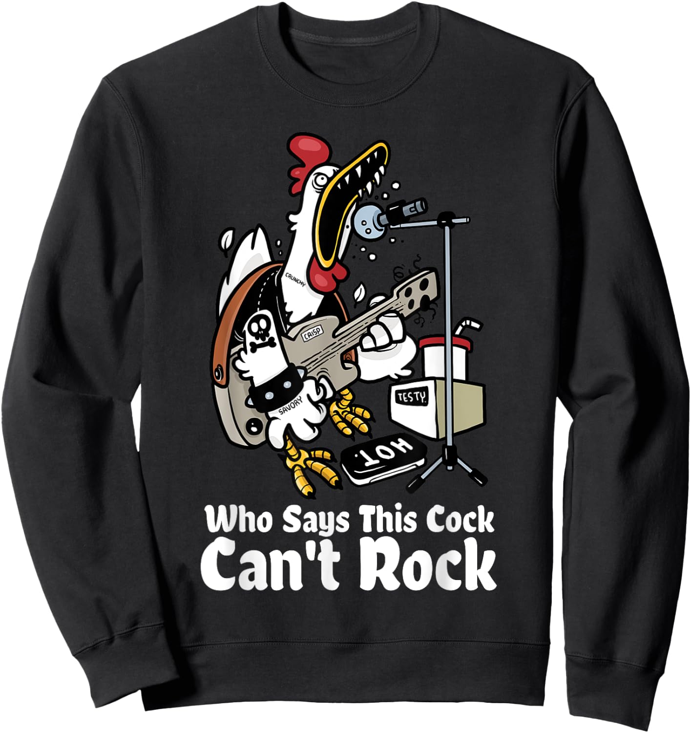 Funny Rock & Roll Rooster Chicken Playing Rock Guitar Party Sweatshirt - Sweatshirt | Black