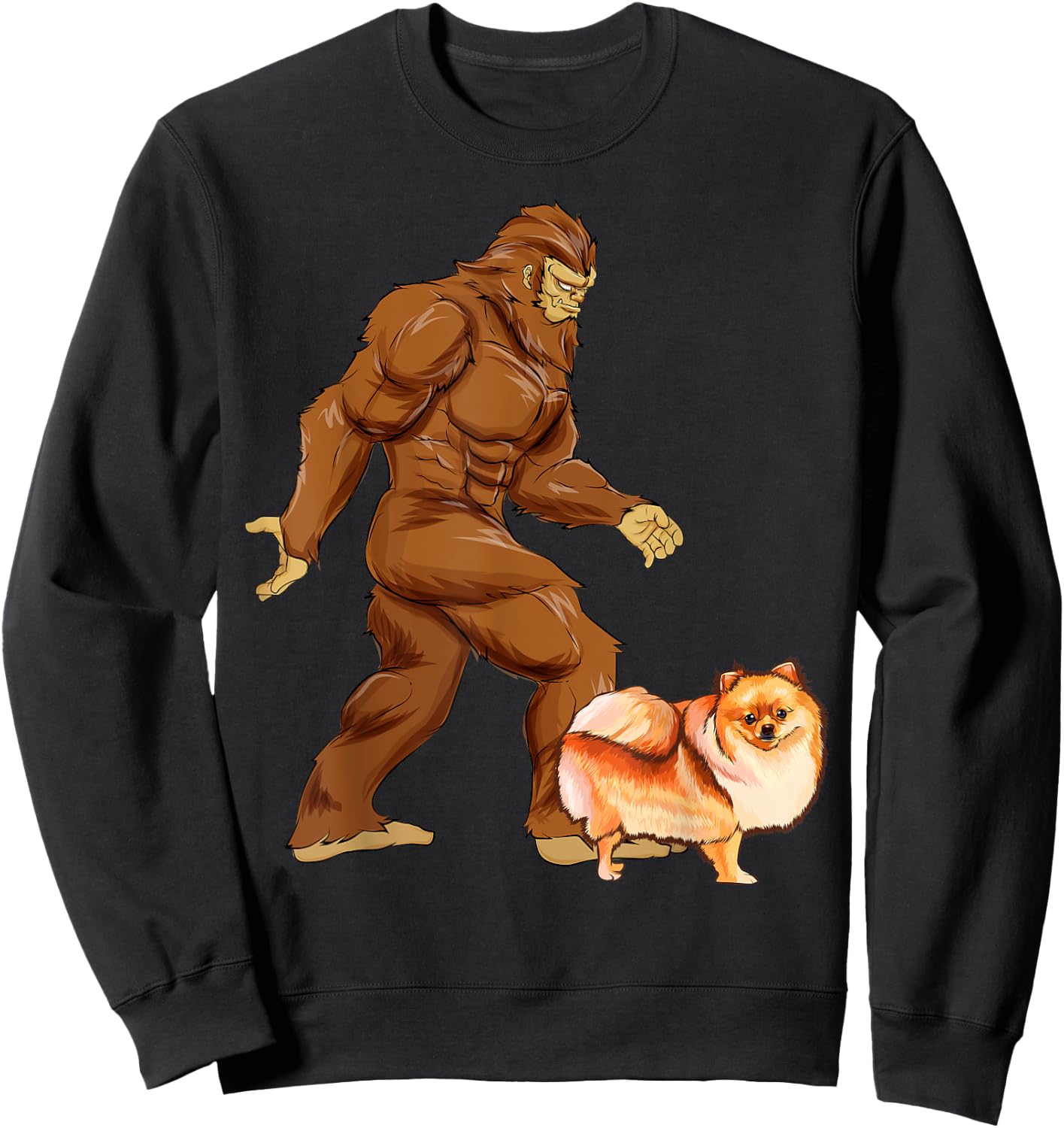 Funny Bigfoot Walking Pomeranian Sasquatch Dog Women Kids Sweatshirt - Sweatshirt | Black